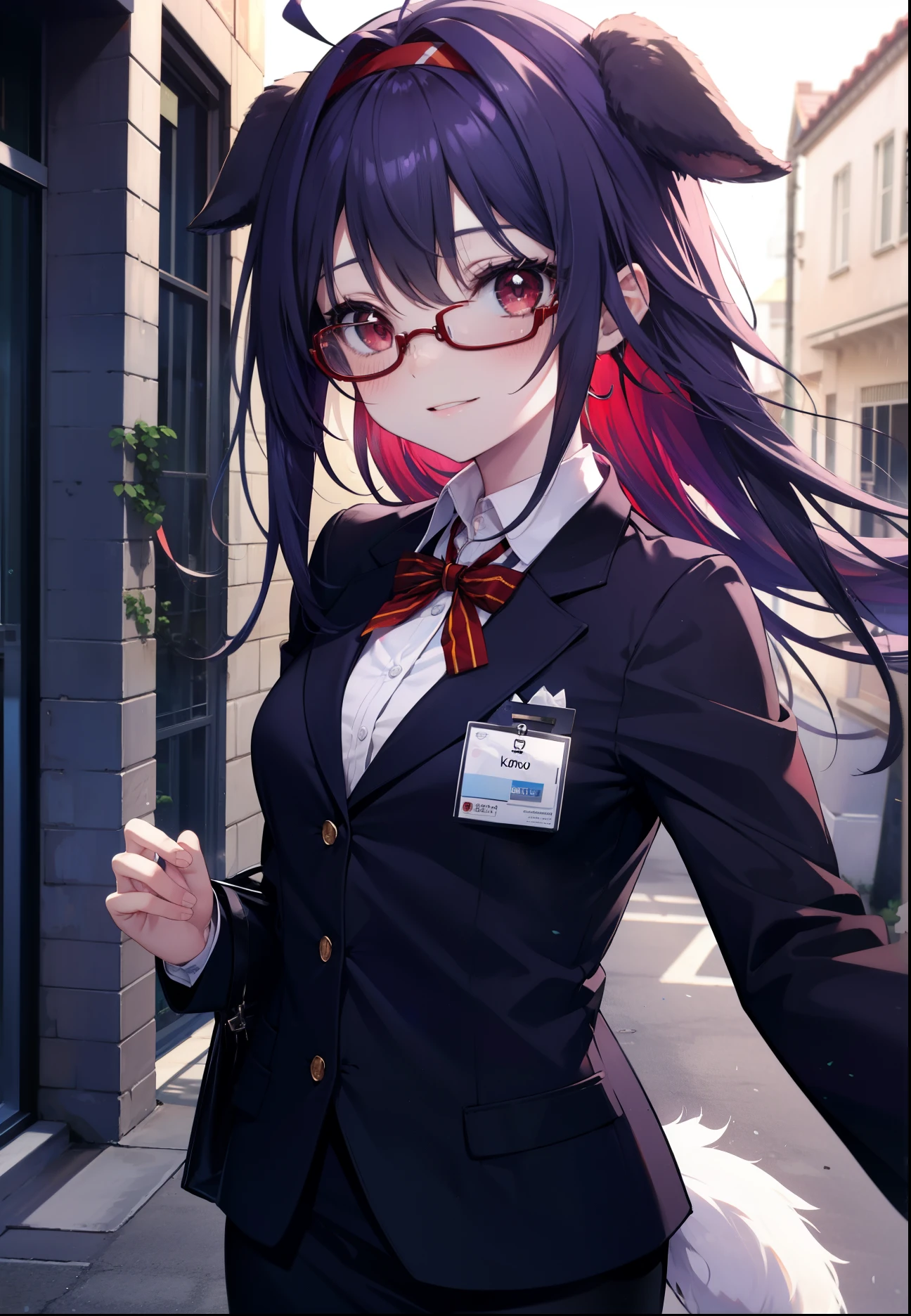 yuukikonno, Yuki Konno, hair band, long hair, pointed ears, purple hair, (red eyes:1.5), (small breasts:1.2), Ahoge,close your mouth,animal ears dog ears,Animal tail dog tail,OL, red glasses, Fundo, black suit jacket, collared jacket, white dress shirt, collared shirt, neckline, button, strap, ID card on neck, black pencil skirt, black pantyhose, smile, blush, morning,morning日
break looking at viewer, Upper body, whole body,
break outdoors, In town,building street,
break (masterpiece:1.2), highest quality, High resolution, unity 8k wallpaper, (figure:0.8), (beautiful and fine eyes:1.6), highly detailed face, perfect lighting, Very detailed CG, (perfect hands, perfect anatomy),