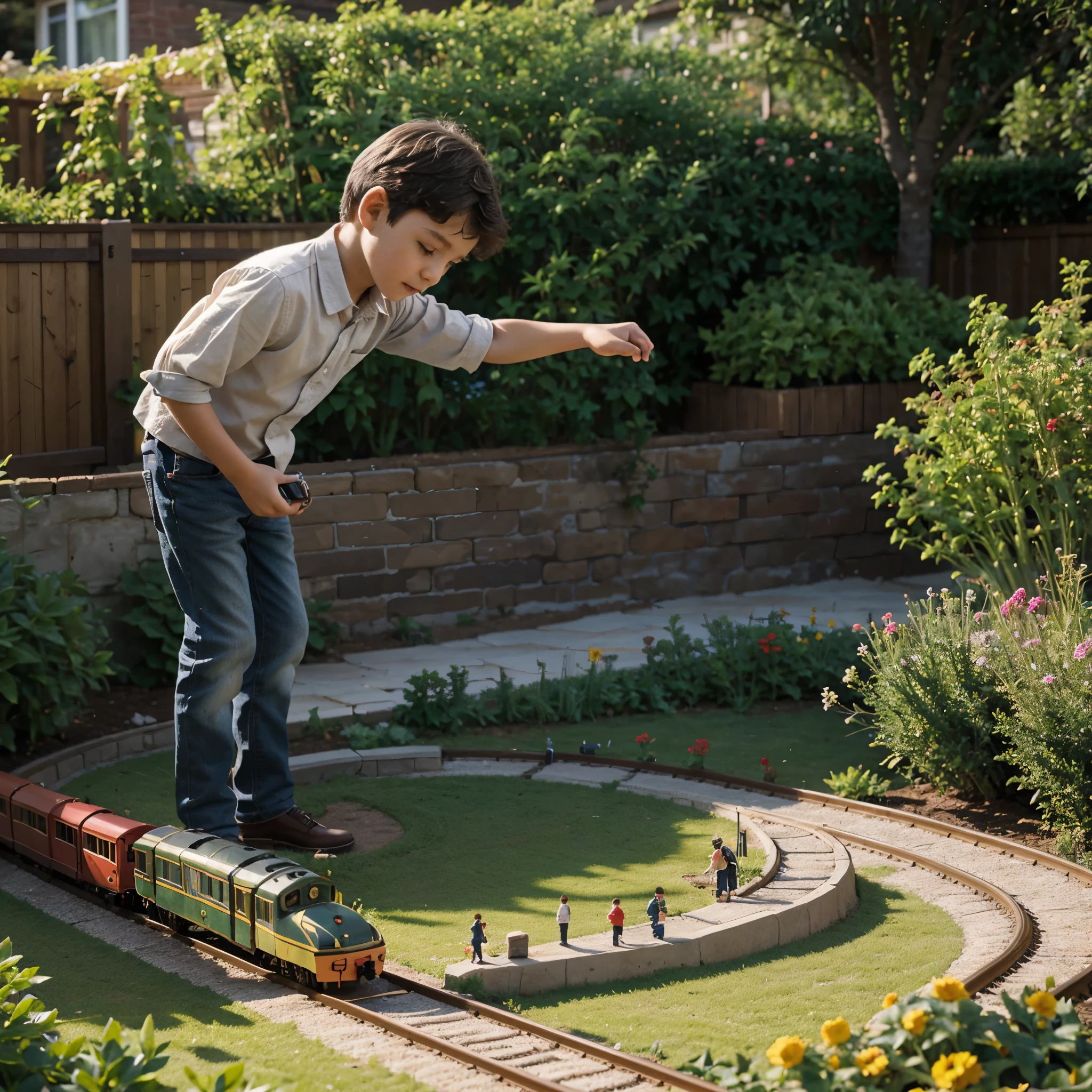 A little boy plays with his model train in the garden in the late afternoon