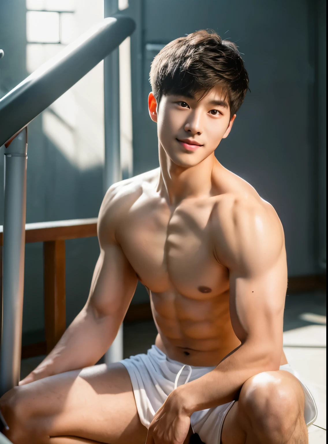 young man, 22 years old, Good looking, Looks like a Korean actor, cute face, white skin, small mouth, Slender face, short hair, handsome, Confident eyes, fit, Broad shoulders, Have abdominal muscles., naked, naked, squatting, Open your legs in a V shape., at a medical institute, bright, outdoor, likes to show off his penis, clearly shows the penis, There was one decent sized penis., Don&#39;t feel embarrassed., Was gangbanged for taking photos, Sluts, Shameless, exhibitionist, pose like prostitute, natural light, both eyes are the same, muscular, perfect eyes, nipples showed, penis exposed, Global illumination, tall, full body, tiny waist, soft light, dream light, digital painting, extremely detailed CGI, hd, HDR, 8k, 4k background
