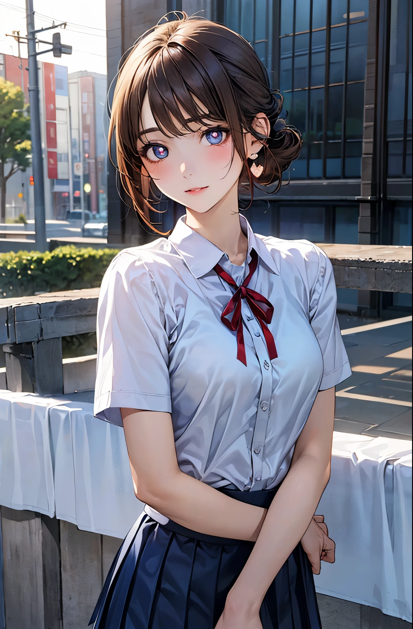 (masterpiece:1.2, top-quality), (realistic, photorealistic:1.4), beautiful illustration, (natural side lighting, movie lighting), nsfw,
looking at viewer, face focus, upper body, 1 girl, japanese, high school girl, perfect face, cute and symmetrical face, shiny skin,
(short hair:1.2, half updo:1.2, light brown hair), asymmetrical bangs, blue eyes, drooping eyes, long eye lasher, (medium breasts), slender,
beautiful hair, beautiful face, beautiful detailed eyes, beautiful clavicle, beautiful body, beautiful chest, beautiful thigh, beautiful legs, beautiful fingers,
((detailed cloth texture, short sleeves white collared shirts, navy blue pleated mini skirt, red neck ribbon)),
(beautiful scenery), winter, evening, (outdoors), , (heart shaped pupils, in heat, aroused),
