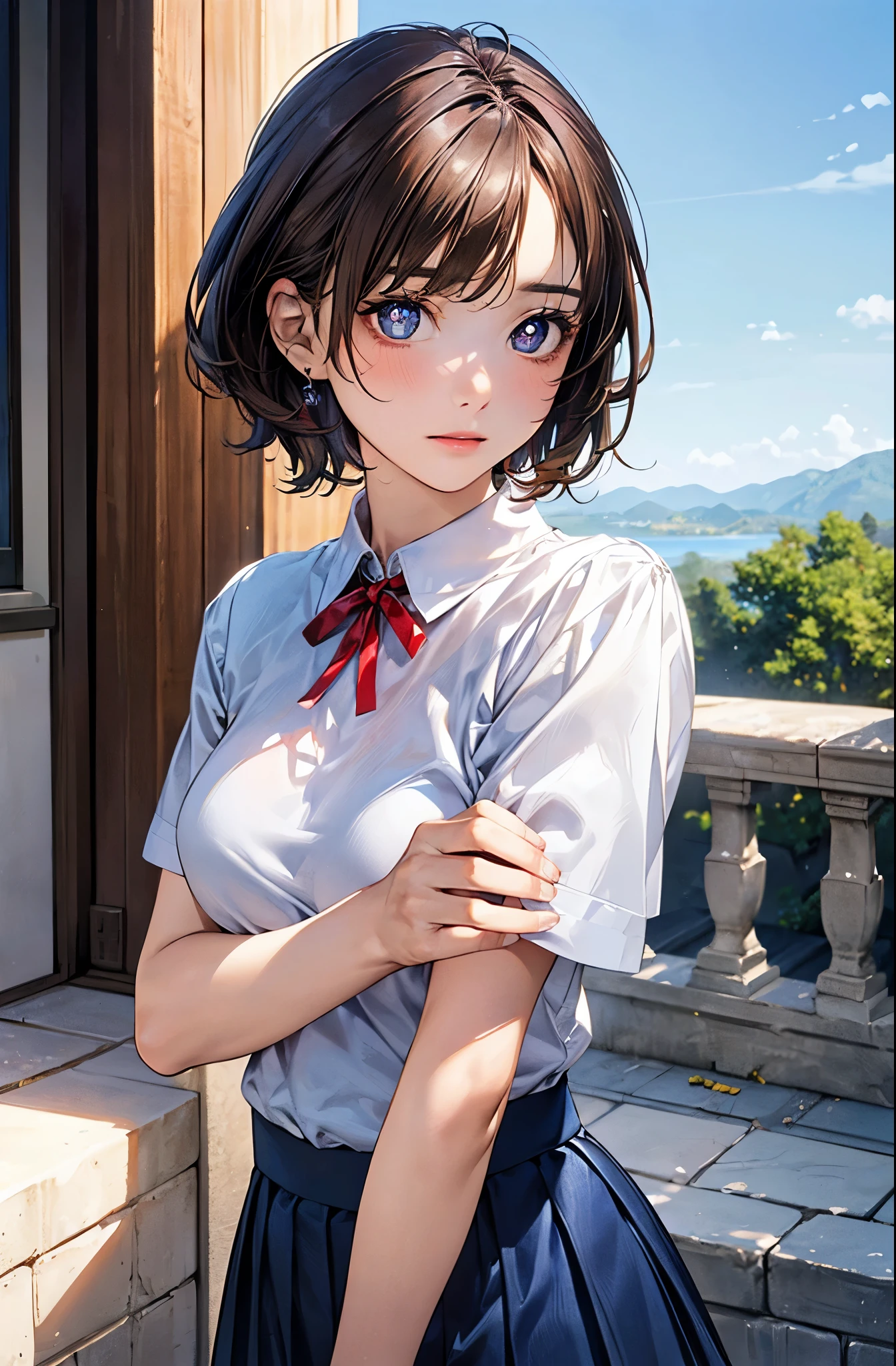 (masterpiece:1.2, top-quality), (realistic, photorealistic:1.4), beautiful illustration, (natural side lighting, movie lighting), nsfw,
looking at viewer, face focus, upper body, 1 girl, japanese, high school girl, perfect face, cute and symmetrical face, shiny skin,
(short hair:1.2, half updo:1.2, light brown hair), asymmetrical bangs, blue eyes, drooping eyes, long eye lasher, (medium breasts), slender,
beautiful hair, beautiful face, beautiful detailed eyes, beautiful clavicle, beautiful body, beautiful chest, beautiful thigh, beautiful legs, beautiful fingers,
((detailed cloth texture, short sleeves white collared shirts, navy blue pleated mini skirt, red neck ribbon)),
(beautiful scenery), winter, evening, (outdoors), , (heart shaped pupils, in heat, aroused),