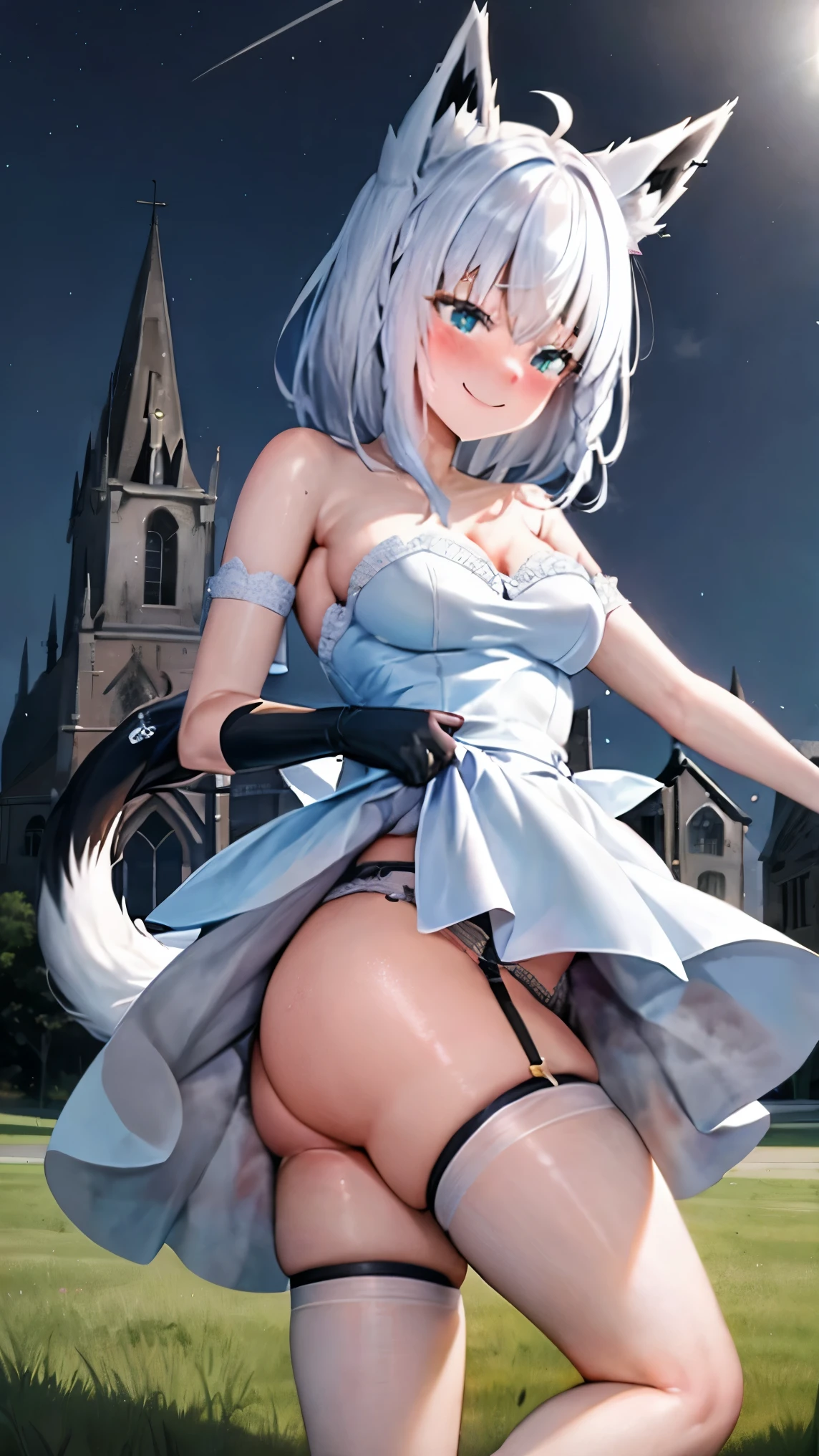 NSFW,Hololive,Shirakami Fubuki,fox ears,fox tail,Blue Wedding Dresses,mini skirt,garter belt,wedding gloves,shy smile,blush,Church on the meadow at night,4K,masterpiece