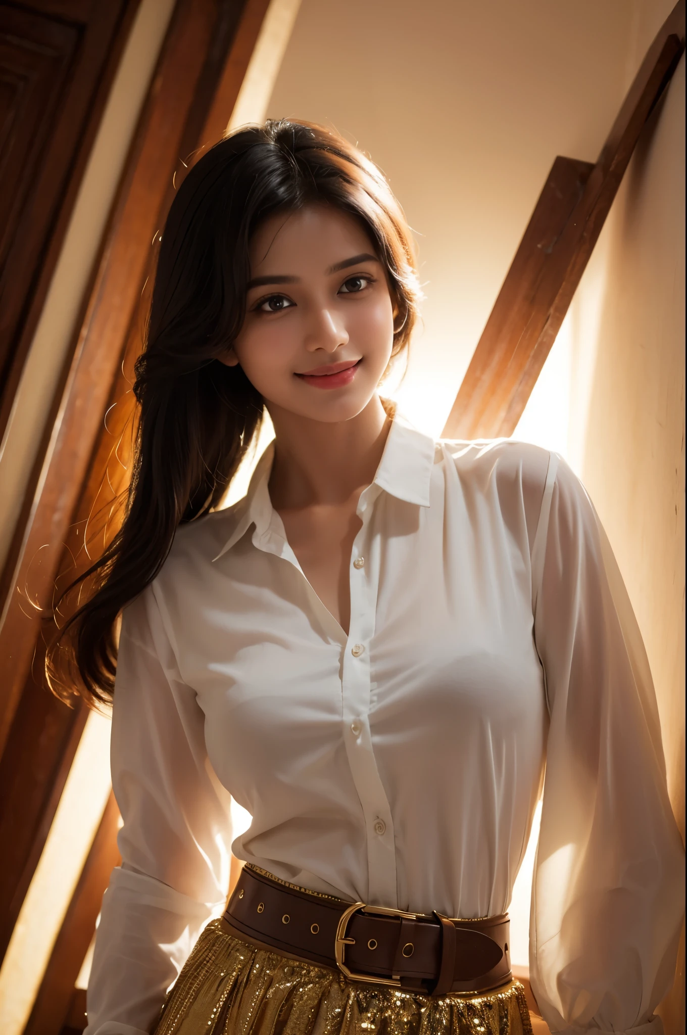 best quality, masterpiece, (photorealistic:1.4), indian beautiful girl, 1girl,light smile, shirt with collars, waist up, dramatic lighting, from below