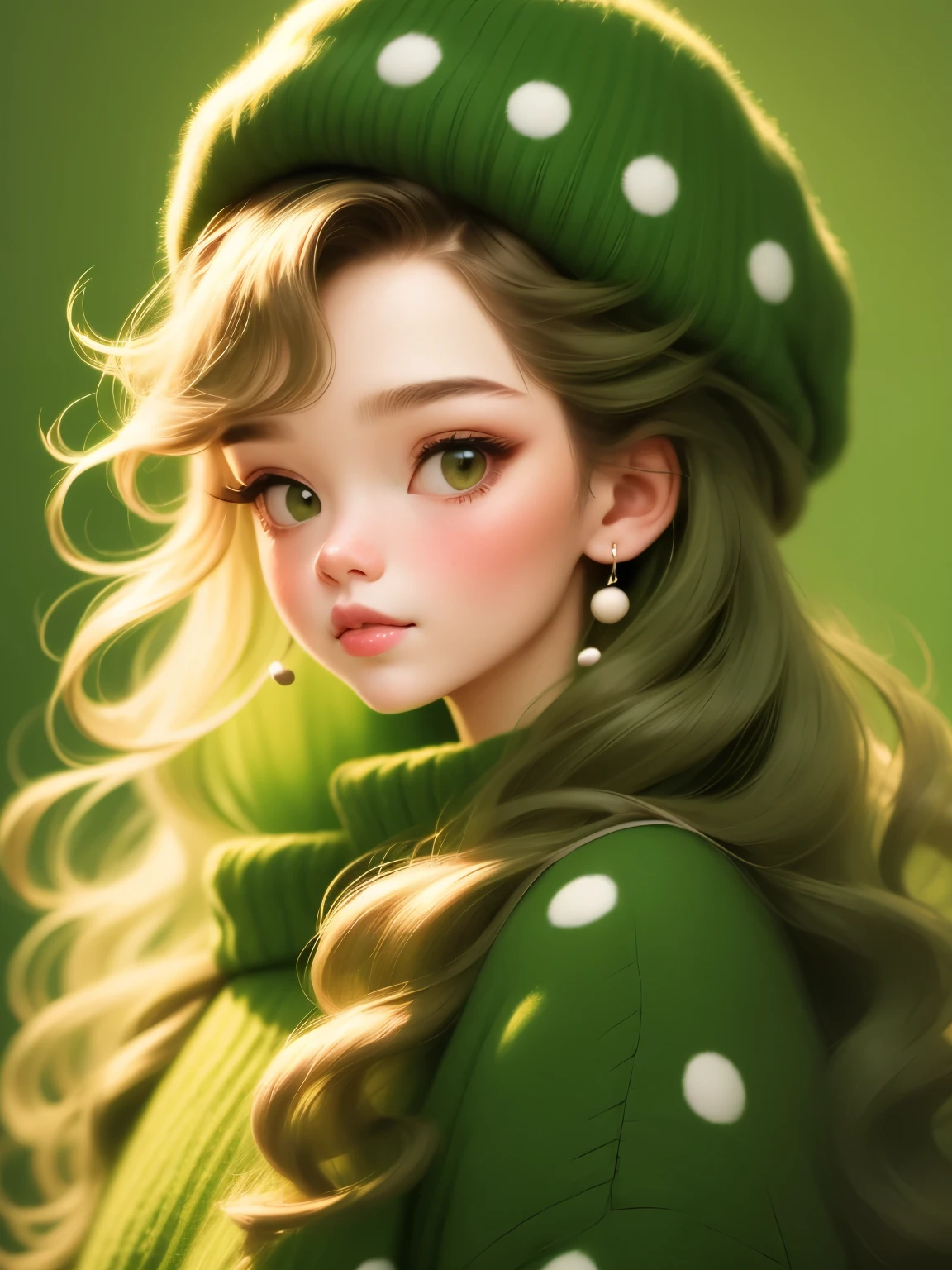 (masterpiece, best quality:1.2),a beautiful girl，Skin detail processing，The eyes are finely described，Delicate hair，wavy long hair，Long light hair，Berets，（green sweater dress，white dots），denim jacket，Retro contrasting colors，clean background
