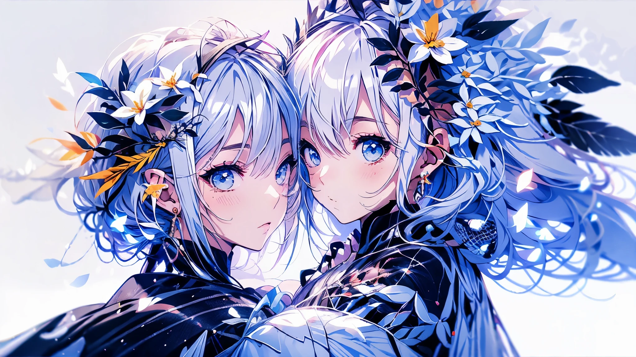 Anime style depiction of an emotional hug between a wedding couple on a white background, love heart symbolism, small flowers in bloom