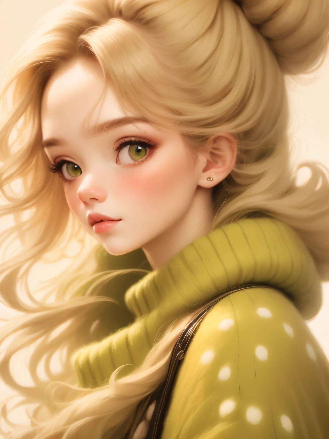 (masterpiece, best quality:1.2),a beautiful girl，Skin detail processing，The eyes are finely described，Delicate hair，ponytail，Green sweater，white dots，denim jacket，Retro contrasting colors，clean background
