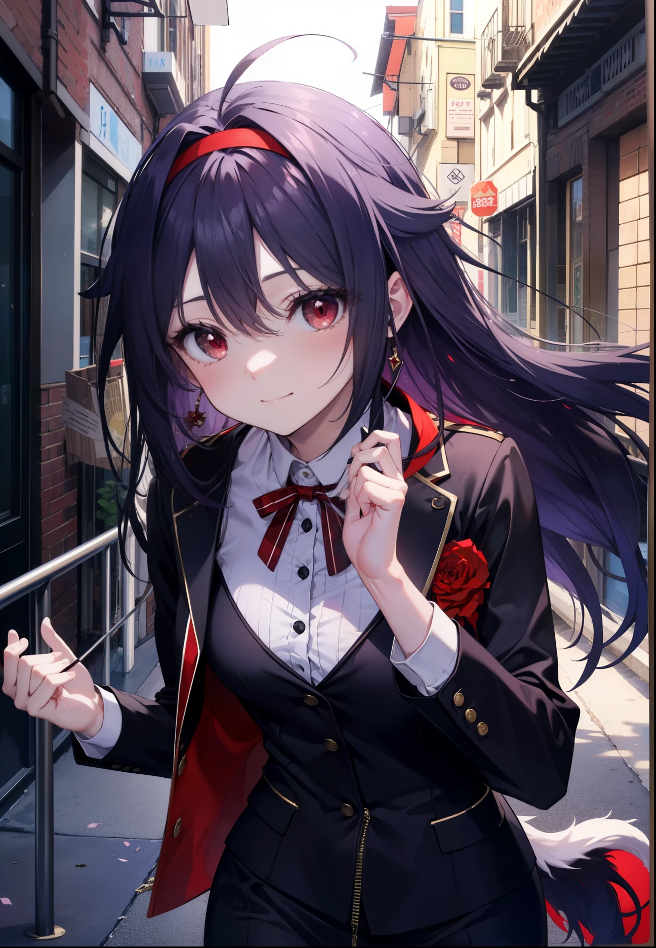 yuukikonno, Yuki Konno, hair band, long hair, pointed ears, purple hair, (red eyes:1.5), (small breasts:1.2), Ahoge,close your mouth,animal ears dog ears,Animal tail dog tail,OL, red glasses, Fundo, black suit jacket, collared jacket, white dress shirt, collared shirt, neckline, button, strap, ID card on neck, black pencil skirt, black pantyhose, stiletto heels,smile, blush, morning,morning日
break looking at viewer, Upper body, whole body,
break outdoors, In town,building street,
break (masterpiece:1.2), highest quality, High resolution, unity 8k wallpaper, (figure:0.8), (beautiful and fine eyes:1.6), highly detailed face, perfect lighting, Very detailed CG, (perfect hands, perfect anatomy),