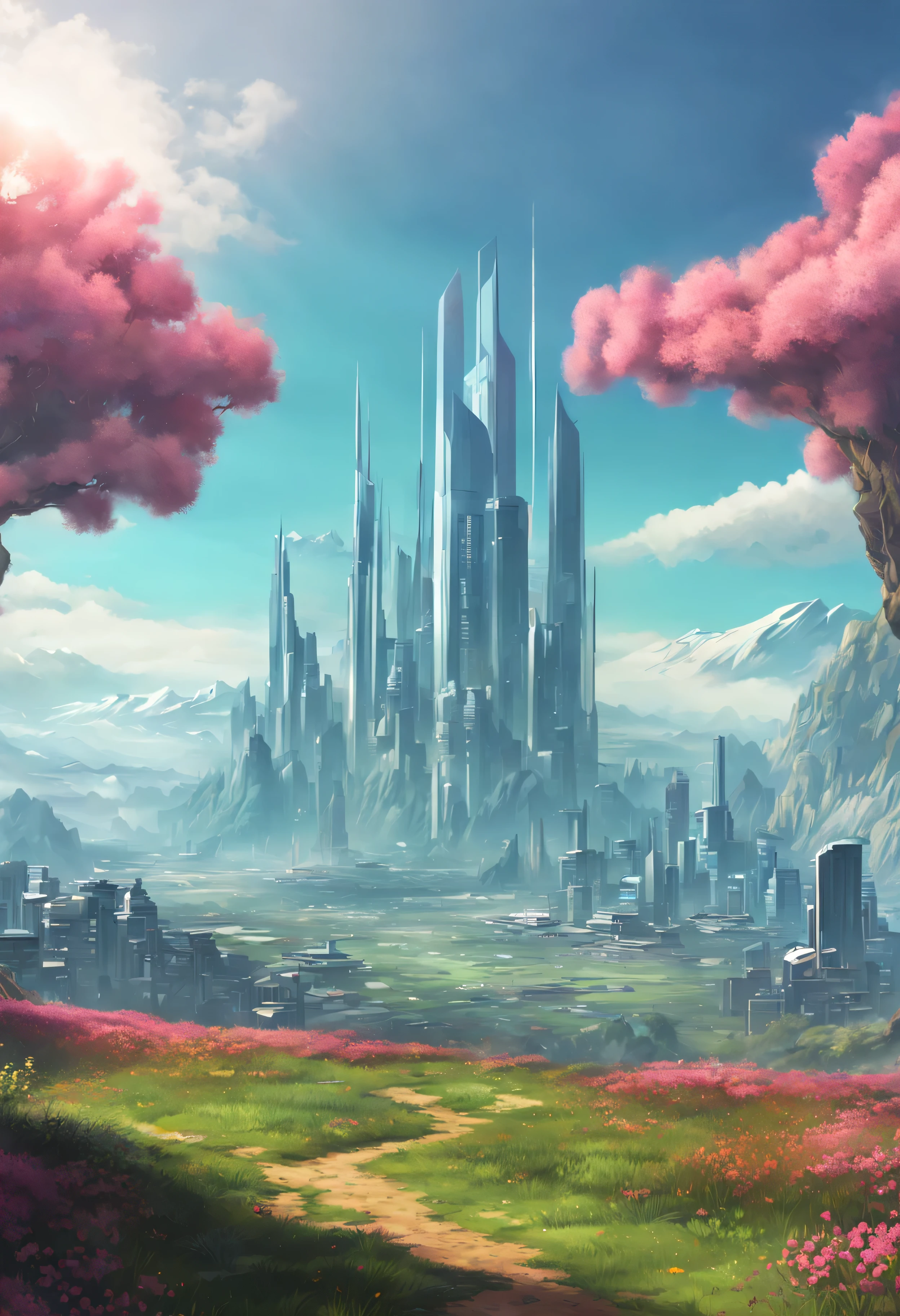 meadow, mountains background, sky high city, futuristic cyberpunk city, utopia