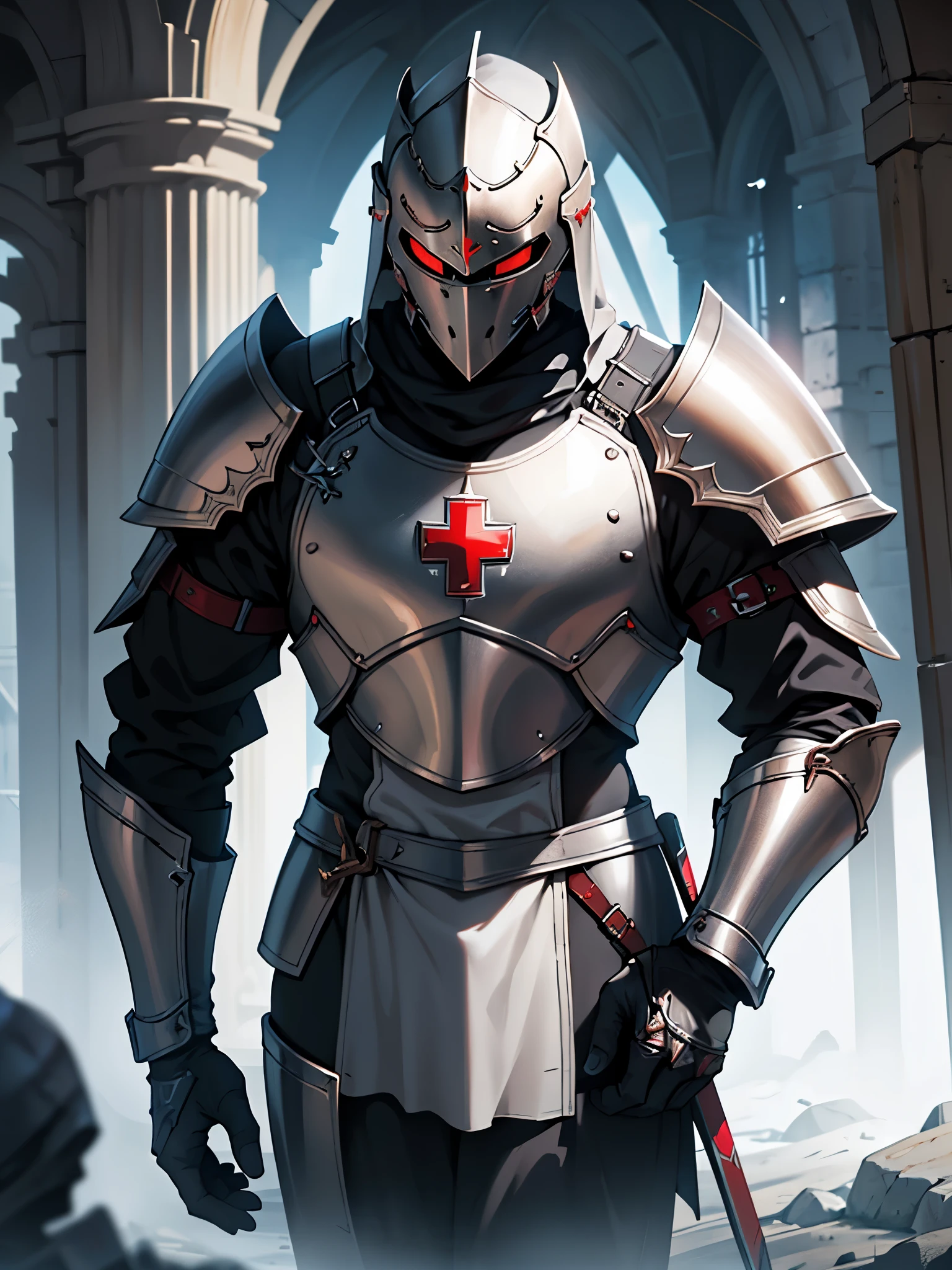 ultra detail, high resolution, ultra detailed, best quality, amazing, top quality, extremely detailed CG unity 8k wallpaper, cinematic lighting, 1man wearing an armor, templar knight, Crusade, holy land,  templar red cross in the armor, text is "Deus vult"