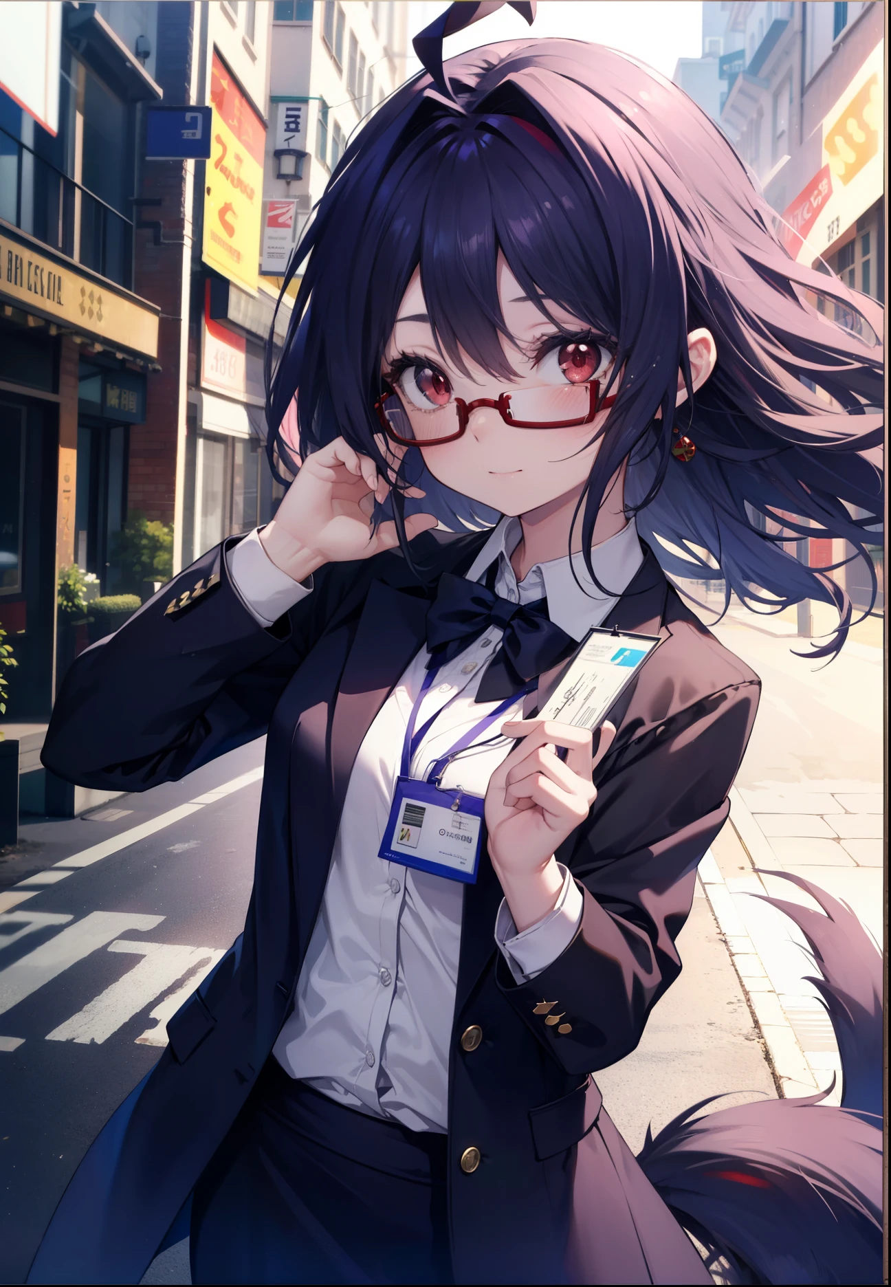 yuukikonno, Yuki Konno, hair band, long hair, pointed ears, purple hair, (red eyes:1.5), (small breasts:1.2), Ahoge,close your mouth,animal ears　dog ears,Animal tail　dog tail,OL, red glasses, Fundo, black suit jacket, collared jacket, white dress shirt, collared shirt, neckline, button, strap, ID card on neck, black pencil skirt, black pantyhose, stiletto heels,smile, blush, morning,morning日
break looking at viewer, Upper body, whole body,
break outdoors, In town,building street,
break (masterpiece:1.2), highest quality, High resolution, unity 8k wallpaper, (figure:0.8), (beautiful and fine eyes:1.6), highly detailed face, perfect lighting, Very detailed CG, (perfect hands, perfect anatomy),