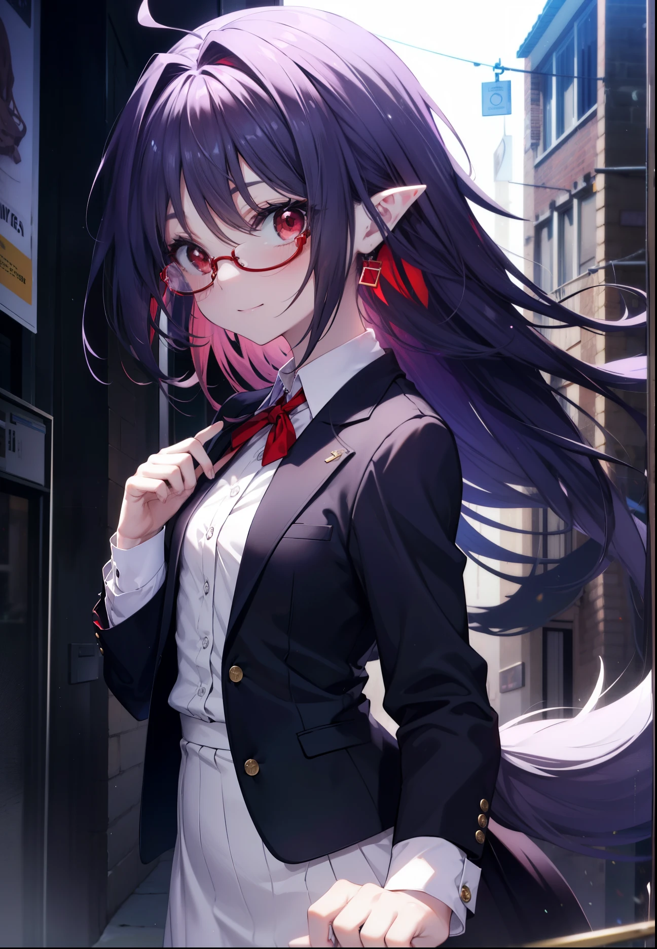 yuukikonno, Yuki Konno, hair band, long hair, pointed ears, purple hair, (red eyes:1.5), (small breasts:1.2), Ahoge,close your mouth,animal ears　dog ears,Animal tail　dog tail,OL, red glasses, Fundo, black suit jacket, collared jacket, white dress shirt, collared shirt, neckline, button, strap, ID card on neck, black pencil skirt, black pantyhose, stiletto heels,smile, blush, morning,morning日
break looking at viewer, Upper body, whole body,
break outdoors, In town,building street,
break (masterpiece:1.2), highest quality, High resolution, unity 8k wallpaper, (figure:0.8), (beautiful and fine eyes:1.6), highly detailed face, perfect lighting, Very detailed CG, (perfect hands, perfect anatomy),