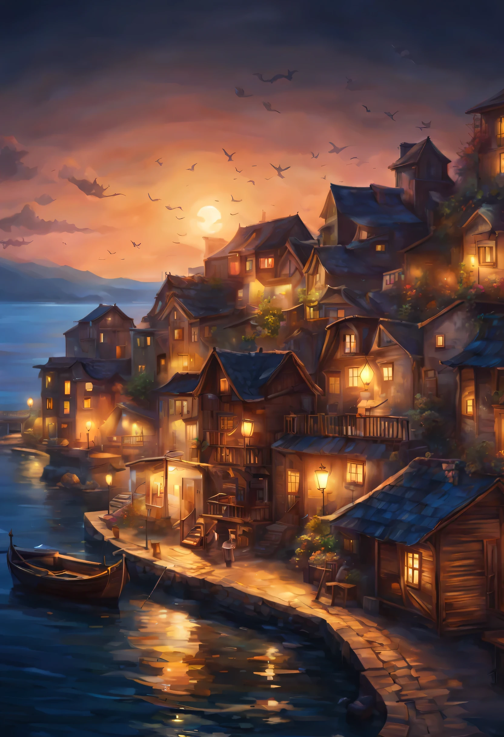 (paint style art:1.1), (masterpiece, professional photo:1.1), (8k, high resolution), (realistic), wide angle shot, little town near coast, sea oriented town, docks, (night time), (crescent moon:0.8), latern in the house, panoramic picture 