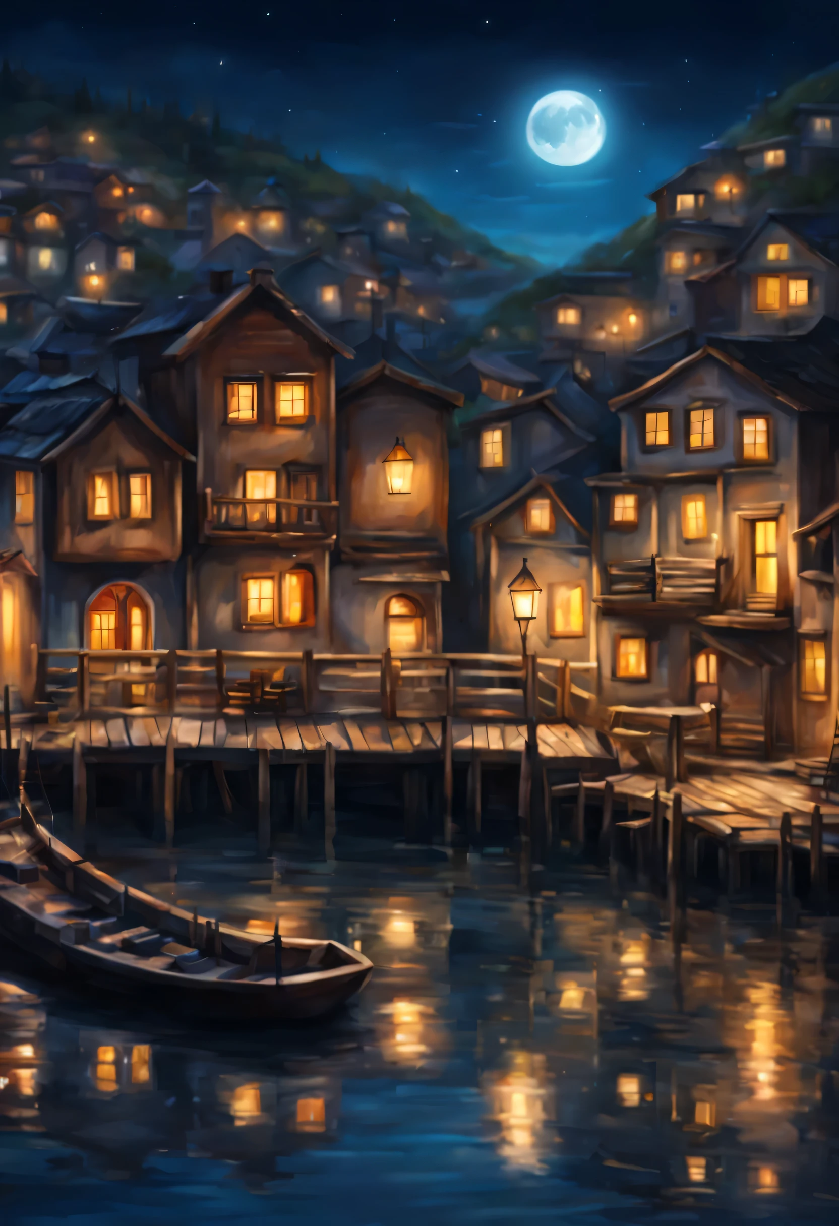 (paint style art:1.1), (masterpiece, professional photo:1.1), (8k, high resolution), (realistic), wide angle shot, little town near coast, sea oriented town, docks, (night time), (crescent moon:0.8), latern in the house, panoramic picture 