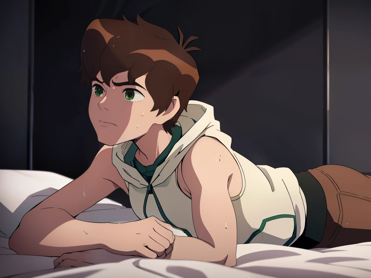 Highres, Masterpiece, Best quality at best,Best Quality,hight quality, hight detailed, boy, 1boy, bentennyson, Green eye, Brown hair, short body, body full of sweat , Sleeveless hoodie, Seen from side, Lying on the bed, Hands forward