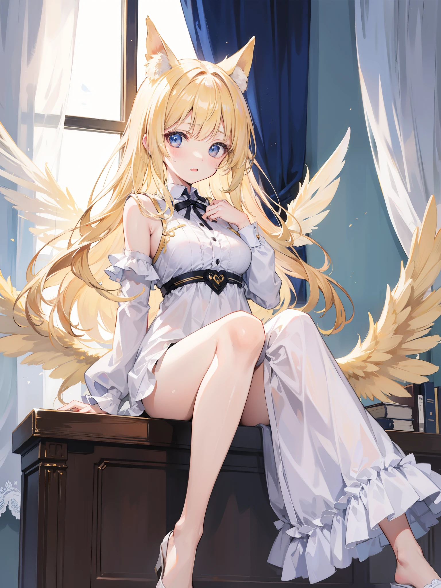 1girl, broken glass,(broken screen),atlantis,transparent glass, solo, long_hair, yellow eyes, yellow hair, sitting, elegant, very_long_hair, butterfly, looking_at_viewer, navel, lingerie, white lingerie, blue_butterfly, miniskirt, transparent skirt, garter belt, see-through skirt, white panties, strap slip, slipping bra strap from shoulders