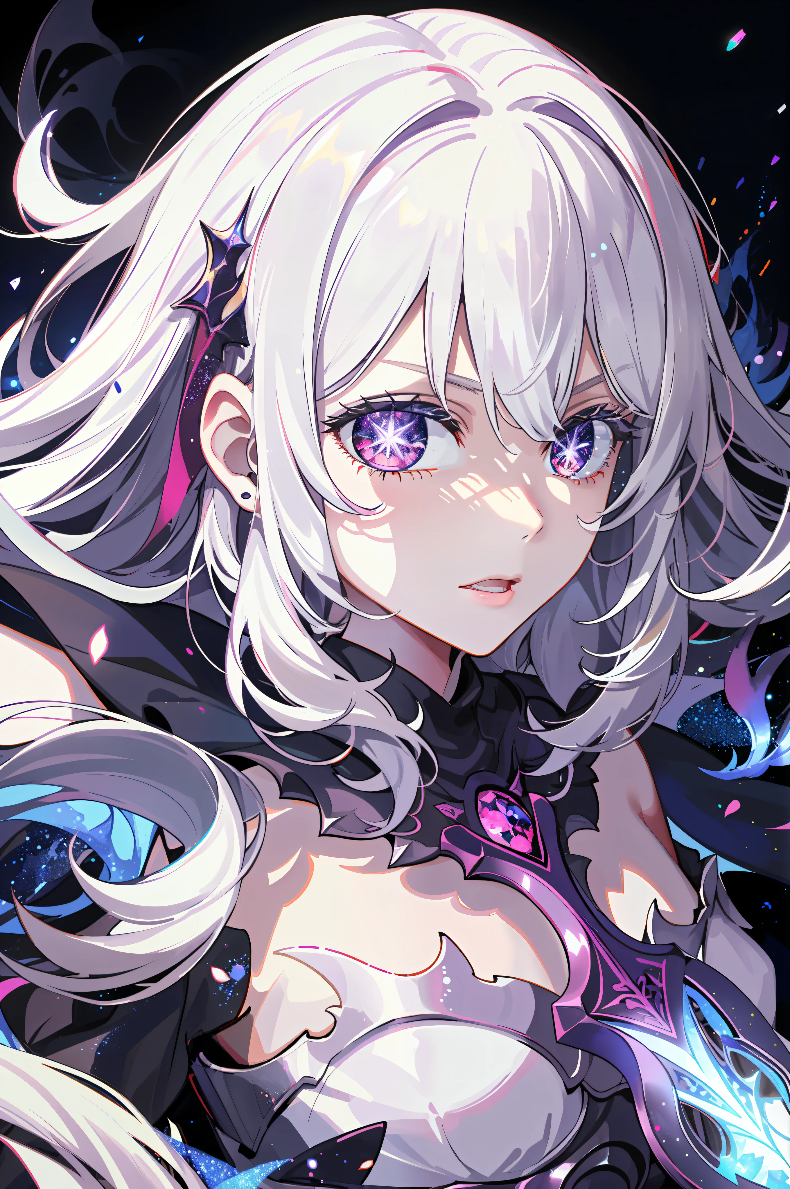 colorful, 1 girl, white hair, purple eyes, double handle, sword, hand sword, blue flame, Glitter, shiny weapon, light particles, (alone:1.2), ((Masterpiece)), thin, small breasts, Pale skin, ((Detailed eyes)), (Bokeh effect), (Dynamic angle), dynamic gesture