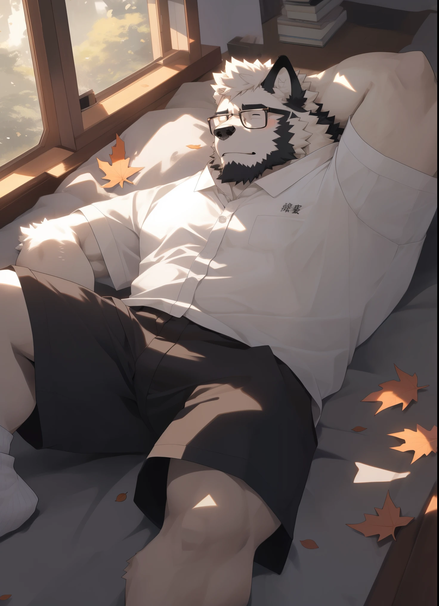 hairy，（Wolf，White short sleeves，Black-rimmed glasses，shorts，white socks），beard，white fur，male，Common，full body picture， dynamic poses，In the bedroom，Lying in bed，Lying down and sleeping，Fallen leaves drifted into the room outside the window，detailed background，极其lifelike阴影，masterpiece，Very detailed，lifelike