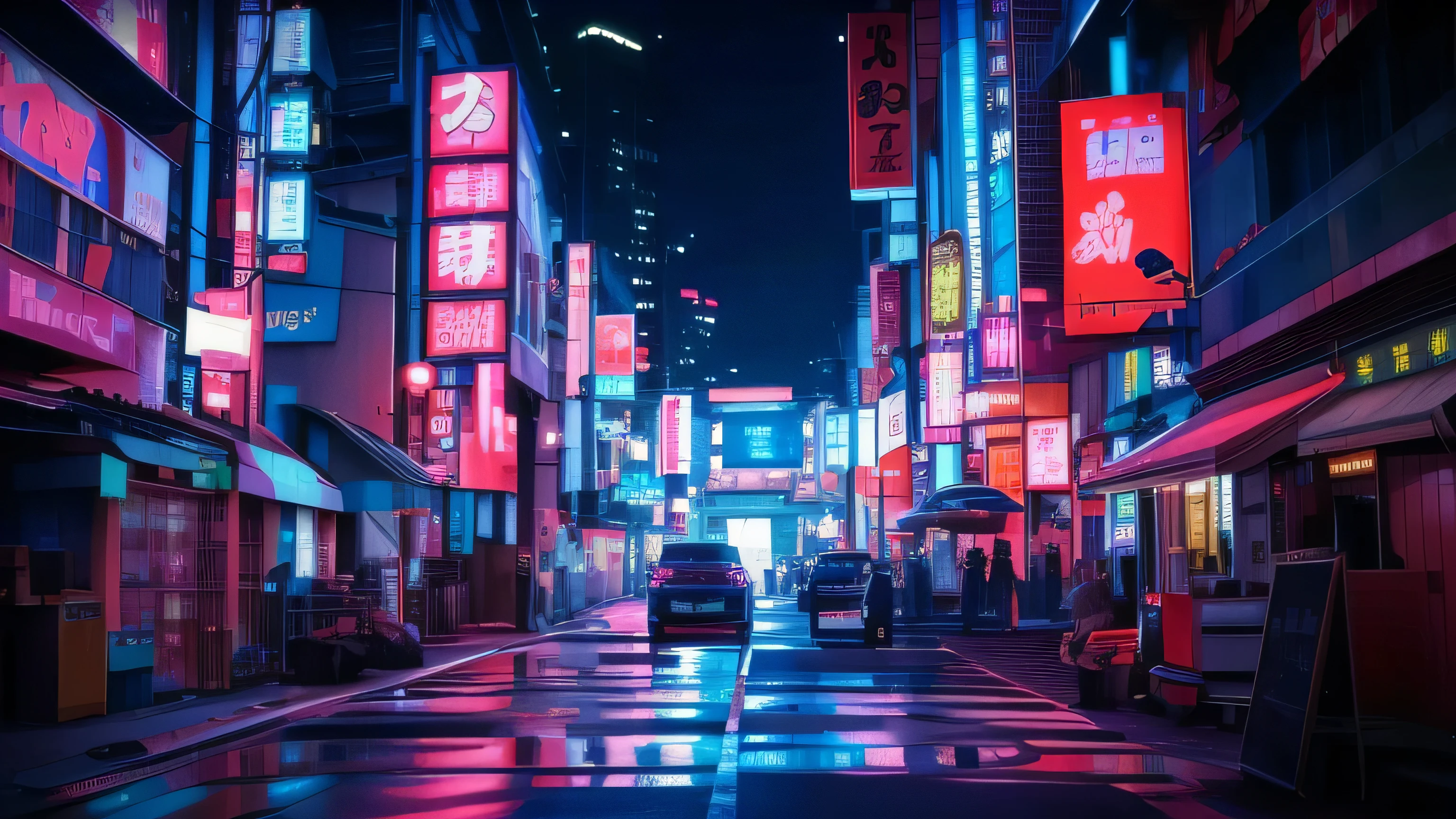 neon lights shine brightly on a city street at night, cyberpunk street in Japan, cidade japonesa at night, cidade japonesa, neon Tokyo, futuristic cyberpunk night in Tokyo, japanese downtown, street cyberpunks at night, rua ciberpunk, tokyo futuristic and clean, Japan at night, cyberpunk aesthetic, rua futurista, Japanese neon signs, cyberpunk street at night, Japan's travel aesthetics, Rua Japonesa