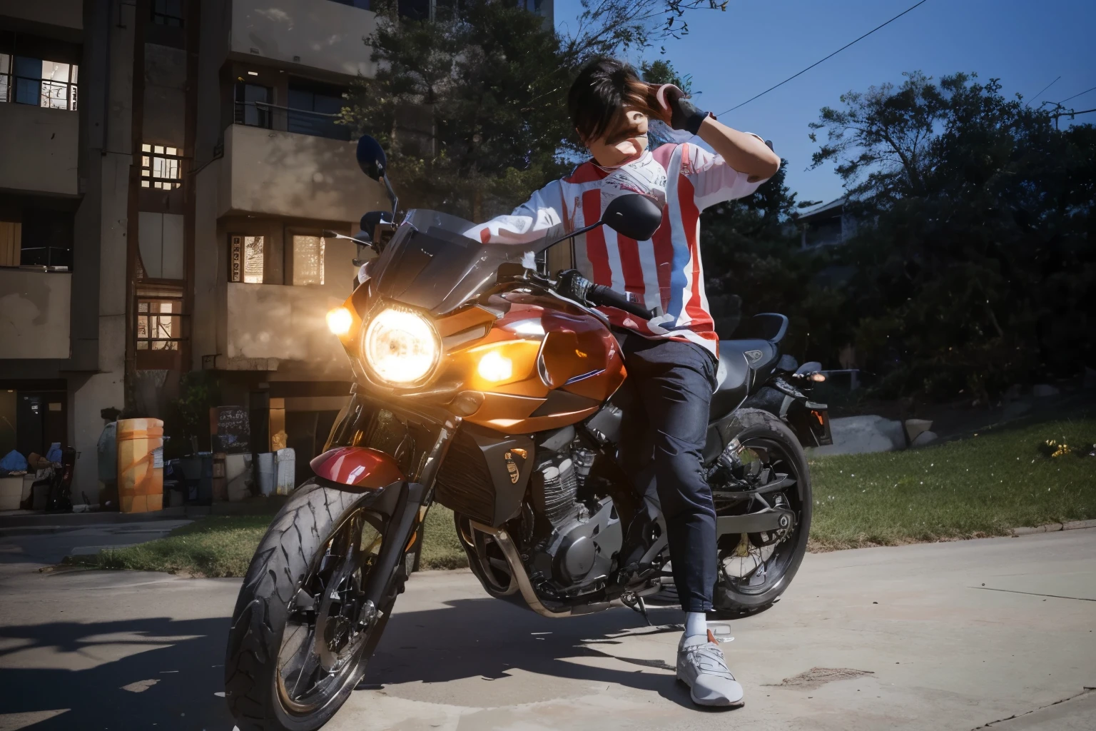 A cute Korean boy on the bike generate aesthetic realistic cinematic ultra HD 10K 3D realistic extra sharp with higher resolution clear and perfect face aesthetic masterpiece