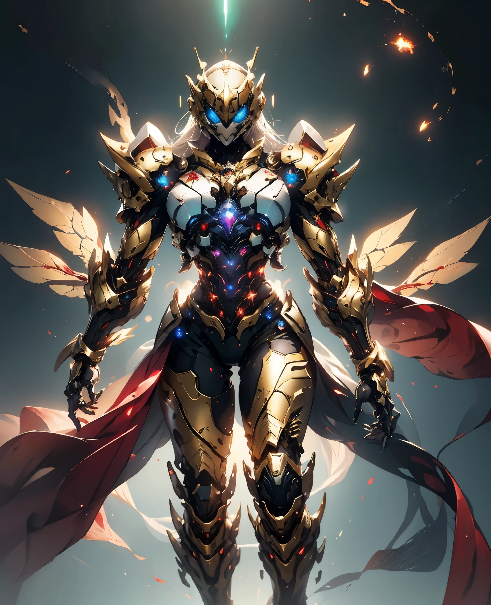 A woman adorned in fantasy-style full-body armor, a crown-concept fully enclosed helmet that unveils only her eyes, a composite layered chest plate, fully encompassing shoulder and hand guards, a lightweight waist armor, form-fitting shin guards, the overall design is heavy-duty yet flexible, (the armor gleams with a golden glow, complemented by red and blue accents), exhibiting a noble aura, she floats above a fantasy-surreal high-tech city, this character embodies a finely crafted fantasy-surreal style armored hero in anime style, exquisite and mature manga art style, (Queen bee and spider mixture concept Armor, plasma, blood), ((Element, bio mecha, long legs, elegant, goddess, femminine:1.5)), metallic, high definition, best quality, highres, ultra-detailed, ultra-fine painting, extremely delicate, professional, anatomically correct, symmetrical face, extremely detailed eyes and face, high quality eyes, creativity, RAW photo, UHD, 32k, Natural light, cinematic lighting, masterpiece-anatomy-perfect, masterpiece:1.5