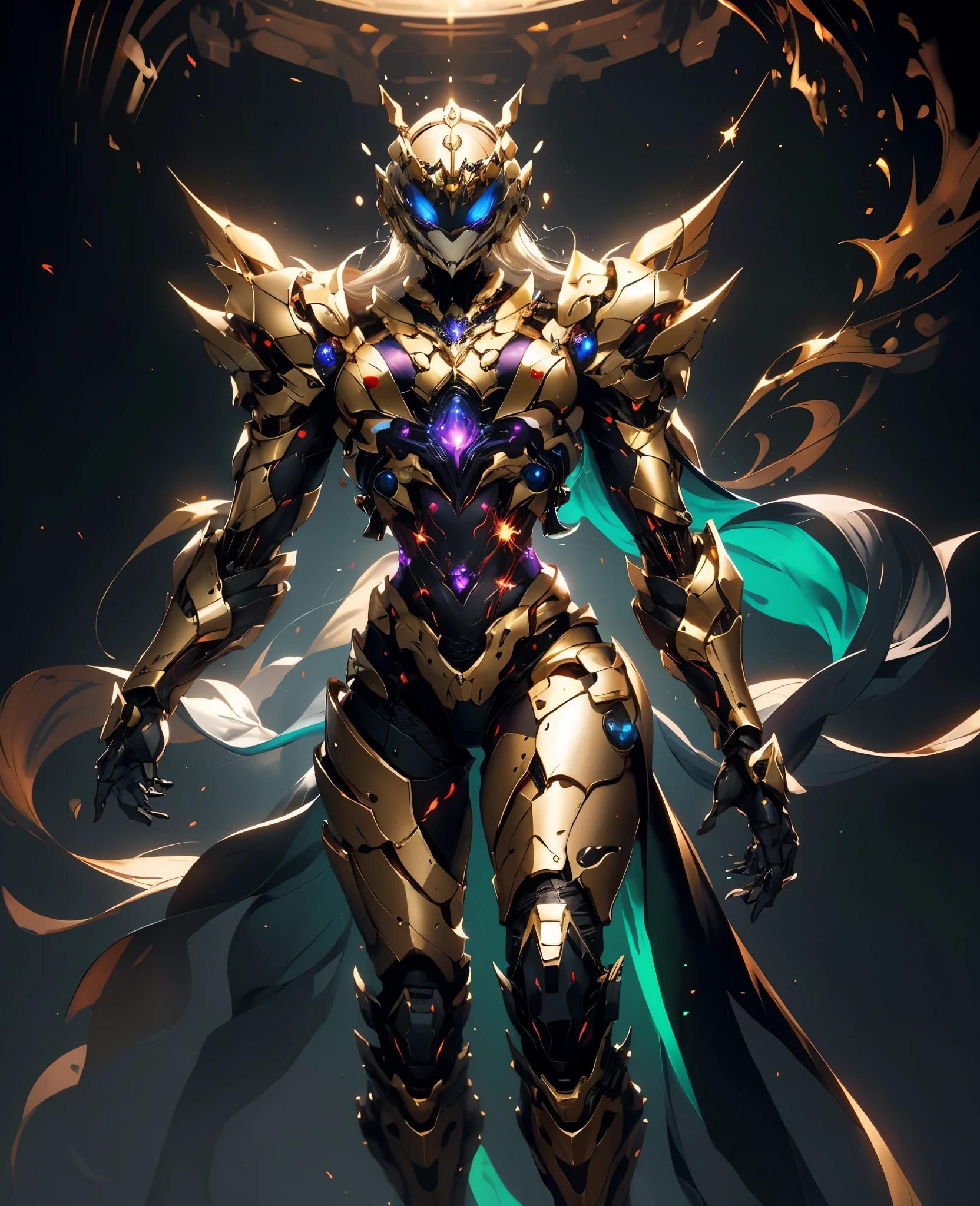 A woman adorned in fantasy-style full-body armor, a crown-concept fully enclosed helmet that unveils only her eyes, a composite layered chest plate, fully encompassing shoulder and hand guards, a lightweight waist armor, form-fitting shin guards, the overall design is heavy-duty yet flexible, (the armor gleams with a golden glow, complemented by red and blue accents), exhibiting a noble aura, she floats above a fantasy-surreal high-tech city, this character embodies a finely crafted fantasy-surreal style armored hero in anime style, exquisite and mature manga art style, (Queen bee and spider mixture concept Armor, plasma, blood), ((Element, bio mecha, long legs, elegant, goddess, femminine:1.5)), metallic, high definition, best quality, highres, ultra-detailed, ultra-fine painting, extremely delicate, professional, anatomically correct, symmetrical face, extremely detailed eyes and face, high quality eyes, creativity, RAW photo, UHD, 32k, Natural light, cinematic lighting, masterpiece-anatomy-perfect, masterpiece:1.5