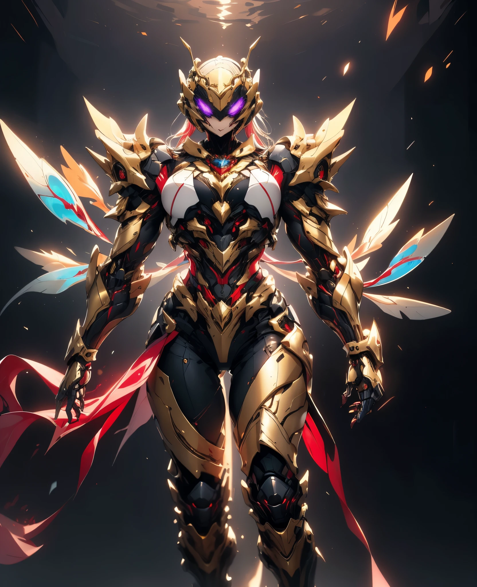 A woman adorned in fantasy-style full-body armor, a crown-concept fully enclosed helmet that unveils only her eyes, a composite layered chest plate, fully encompassing shoulder and hand guards, a lightweight waist armor, form-fitting shin guards, the overall design is heavy-duty yet flexible, (the armor gleams with a golden glow, complemented by red and blue accents), exhibiting a noble aura, she floats above a fantasy-surreal high-tech city, this character embodies a finely crafted fantasy-surreal style armored hero in anime style, exquisite and mature manga art style, (Queen bee and spider hybrid concept Armor, plasma, blood), ((Element, bio mecha, long legs, elegant, goddess, femminine:1.5)), metallic, high definition, best quality, highres, ultra-detailed, ultra-fine painting, extremely delicate, professional, anatomically correct, symmetrical face, extremely detailed eyes and face, high quality eyes, creativity, RAW photo, UHD, 32k, Natural light, cinematic lighting, masterpiece-anatomy-perfect, masterpiece:1.5
