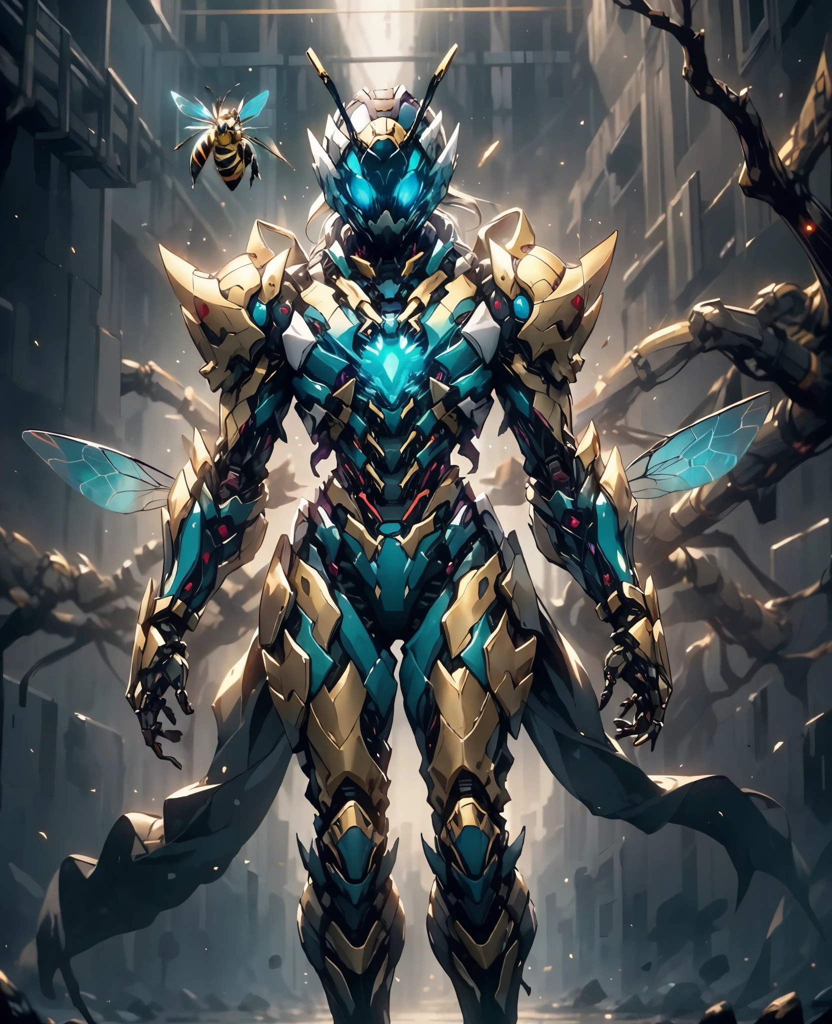 A woman adorned in fantasy-style full-body armor, a crown-concept fully enclosed helmet that unveils only her eyes, a composite layered chest plate, fully encompassing shoulder and hand guards, a lightweight waist armor, form-fitting shin guards, the overall design is heavy-duty yet flexible, (the armor gleams with a golden glow, complemented by red and blue accents), exhibiting a noble aura, she floats above a fantasy-surreal high-tech city, this character embodies a finely crafted fantasy-surreal style armored hero in anime style, exquisite and mature manga art style, (plasma, blood), ((Queen bee and spider hybrid concept Armor, Element, bio mecha, long legs, elegant, goddess, femminine:1.5)), metallic, high definition, best quality, highres, ultra-detailed, ultra-fine painting, extremely delicate, professional, anatomically correct, symmetrical face, extremely detailed eyes and face, high quality eyes, creativity, RAW photo, UHD, 32k, Natural light, cinematic lighting, masterpiece-anatomy-perfect, masterpiece:1.5