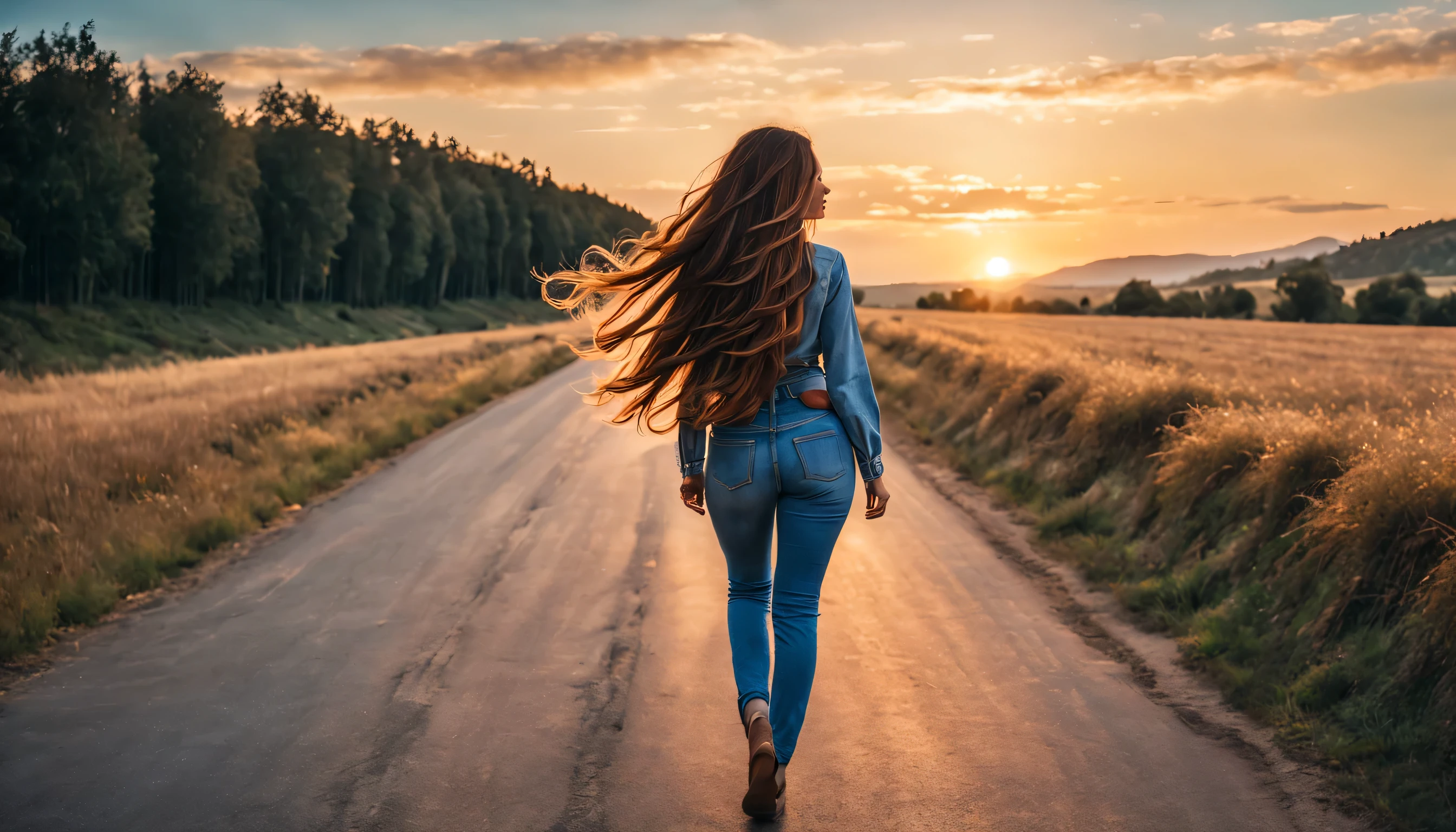 (best quality,ultra-detailed,realistic:1.37), 20-year-old beautiful woman with long flowing hair, perfect medium-sized butt, wearing jeans, walking backwards on a road heading towards a large sun on the horizon at the end of the road, medium,long beautiful hair flowing in the wind,golden hour sunlight, warm color tone, picturesque landscape, vibrant colors,road stretching into the distance,slightly hilly terrain, a few trees lining the sides of the road,clear blue sky, soft clouds, gentle breeze, tranquil atmosphere,peaceful and serene ambiance.
