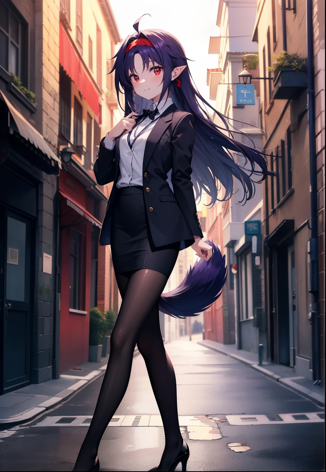 yuukikonno, Yuki Konno, hair band, long hair, pointed ears, purple hair, (red eyes:1.5), (small breasts:1.2), Ahoge,close your mouth,animal ears dog ears,Animal tail dog tail,OL, red glasses, Fundo, black suit jacket, collared jacket, white dress shirt, collared shirt, neckline, button, strap, ID card on neck, black pencil skirt, black pantyhose, stiletto heels,Put your arms behind your back,smile, blush, morning,morning日
break looking at viewer, 上から見下ろす
break outdoors, In town,building street,
break (masterpiece:1.2), highest quality, High resolution, unity 8k wallpaper, (figure:0.8), (beautiful and fine eyes:1.6), highly detailed face, perfect lighting, Very detailed CG, (perfect hands, perfect anatomy),