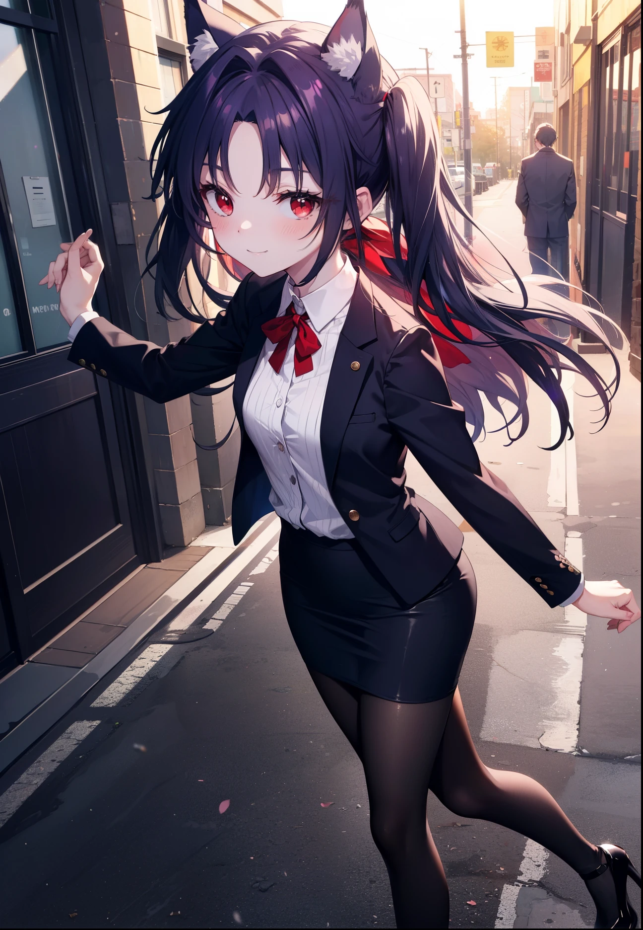 yuukikonno, Yuki Konno, hair band, long hair, pointed ears, purple hair, (red eyes:1.5), (small breasts:1.2), Ahoge,close your mouth,animal ears dog ears,Animal tail dog tail,OL, red glasses, Fundo, black suit jacket, collared jacket, white dress shirt, collared shirt, neckline, button, strap, ID card on neck, black pencil skirt, black pantyhose, stiletto heels,Put your arms behind your back,smile, blush, morning,morning日
break looking at viewer, 上から見下ろす
break outdoors, In town,building street,
break (masterpiece:1.2), highest quality, High resolution, unity 8k wallpaper, (figure:0.8), (beautiful and fine eyes:1.6), highly detailed face, perfect lighting, Very detailed CG, (perfect hands, perfect anatomy),