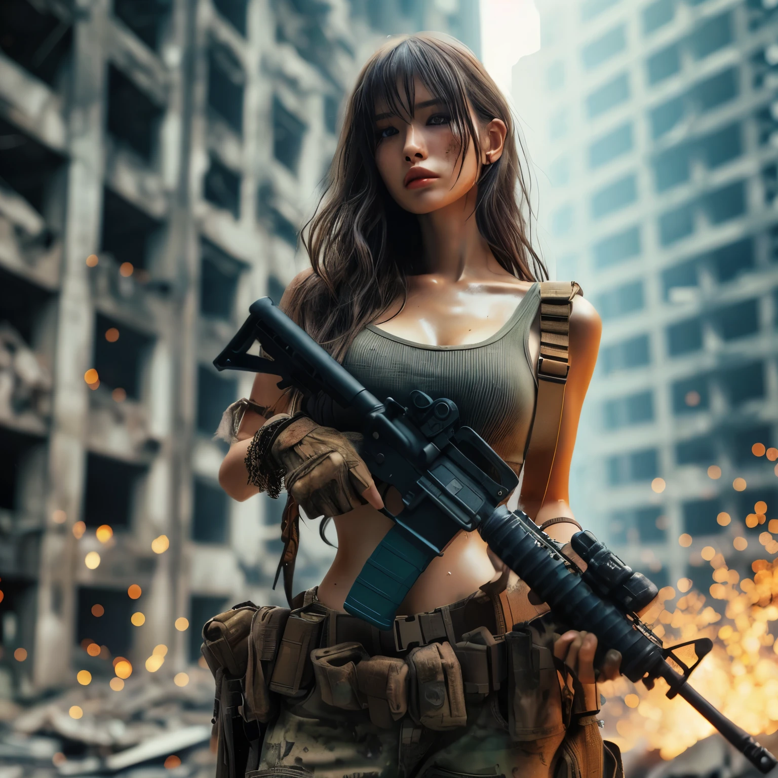 cinematic war time scenery, profile of beauty 25 years old japan girl with long hair wearing khaki tanktop & dessert camouflage military pants with boots, big breast, nipple shoiwn transparently, full body wear tactical suit & military belt full of weapon accessories & parts, cool intense expression, attack mode, trapped in city ruins warzone sparks fire, dystopia under siege, hyper realistic, sweaty skin body & face, texture pore, bruised battered condition, hold a tactical weapon detailed new latest tech, fully loaded ready to shoot attack, battle mode gesture, eyes visible through hair, Proper eye position, Cinematic Light, Soft light, lower back, detailed color graded background, Convoluted, highly detailed, 8K, Overall silhouette, day dramatic warzone scene, high detailed, wallpaper quality, good anatomy, correct body, correct hand & correct fingers anatomy (lora:add_detail:0.8) hyper realistic scenery moment detail sharp shade photography, gloomy mood, wet, midnight, dark sky, Fujifilm XF 56mm f/1.2 R Lens. HDR10 8K