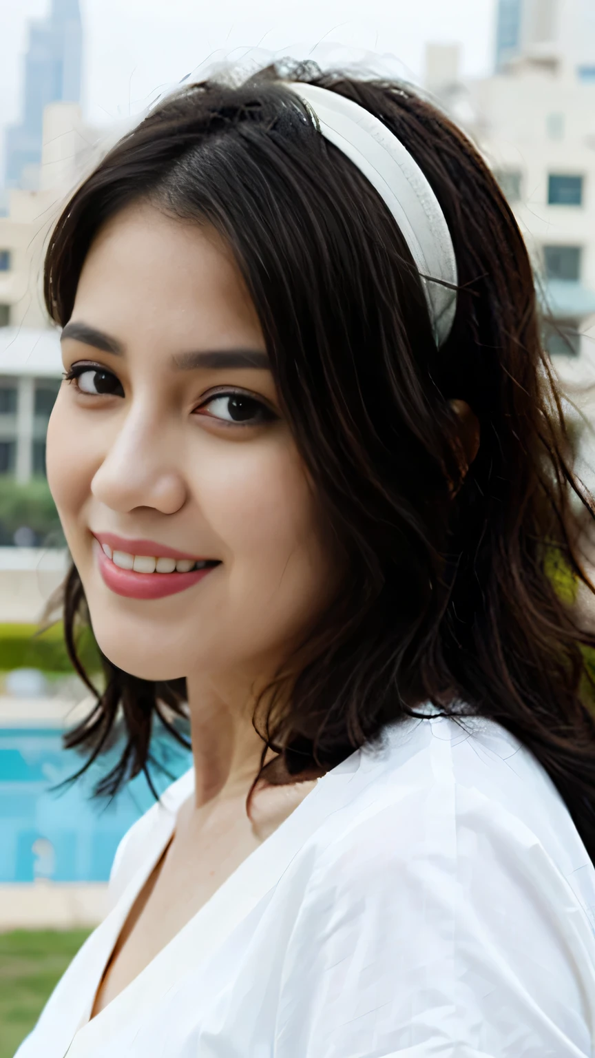 Image of a girl in Dubai a close-up of a girl with a fake headband on, black hair and large eyes,  profile pic, high quality picture, realistic image smiling face full body