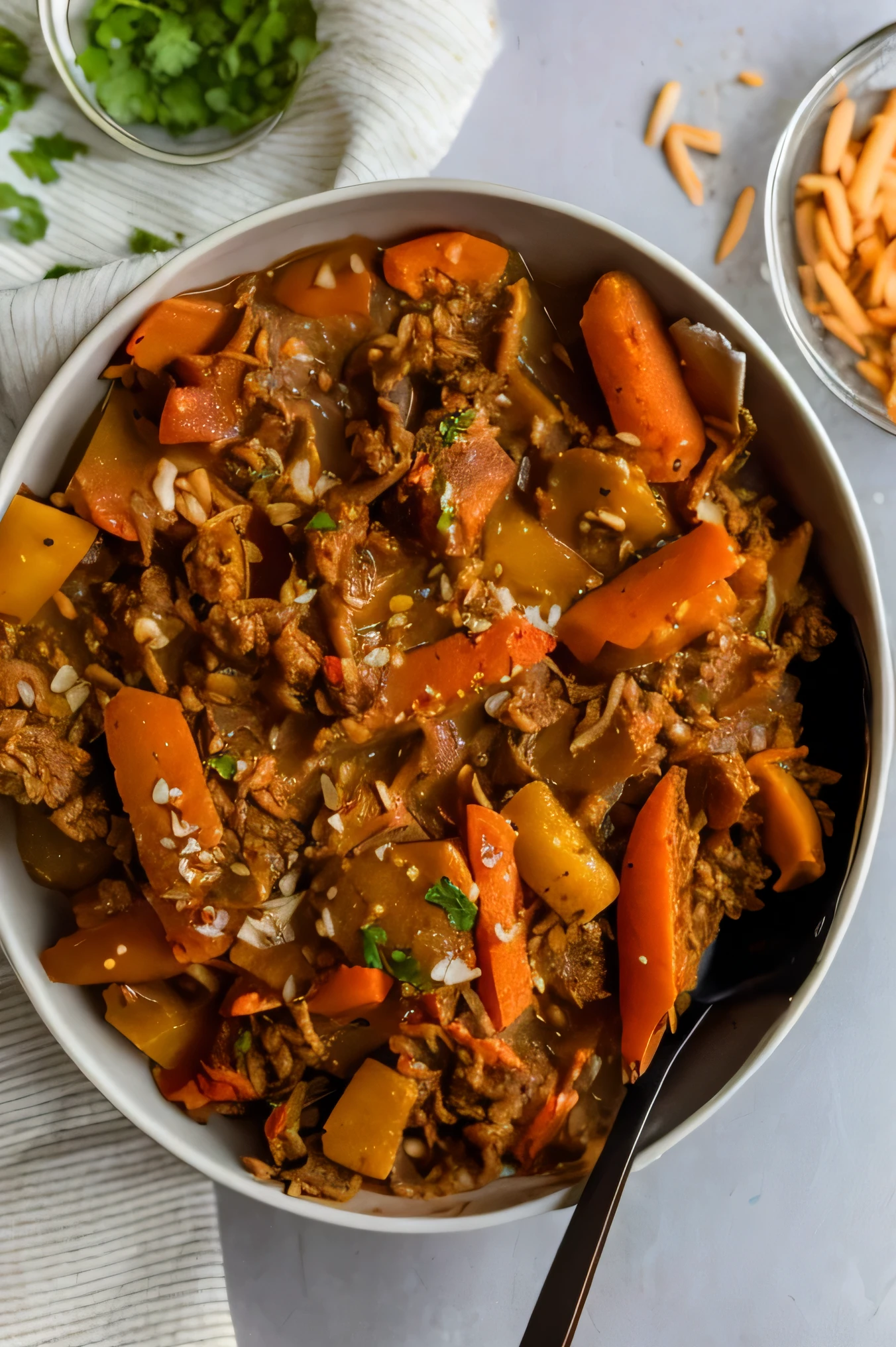 there is a bowl of stew with carrots and other vegetables, lomo saltado, stew, 4 0 9 6, mongolia, beef, bowl filled with food, naranbaatar ganbold, chinese, nuttavut baiphowongse, easy, full face view, malaysian, recipe, moroccan, mongol, wet shredded red meat, fan favorite