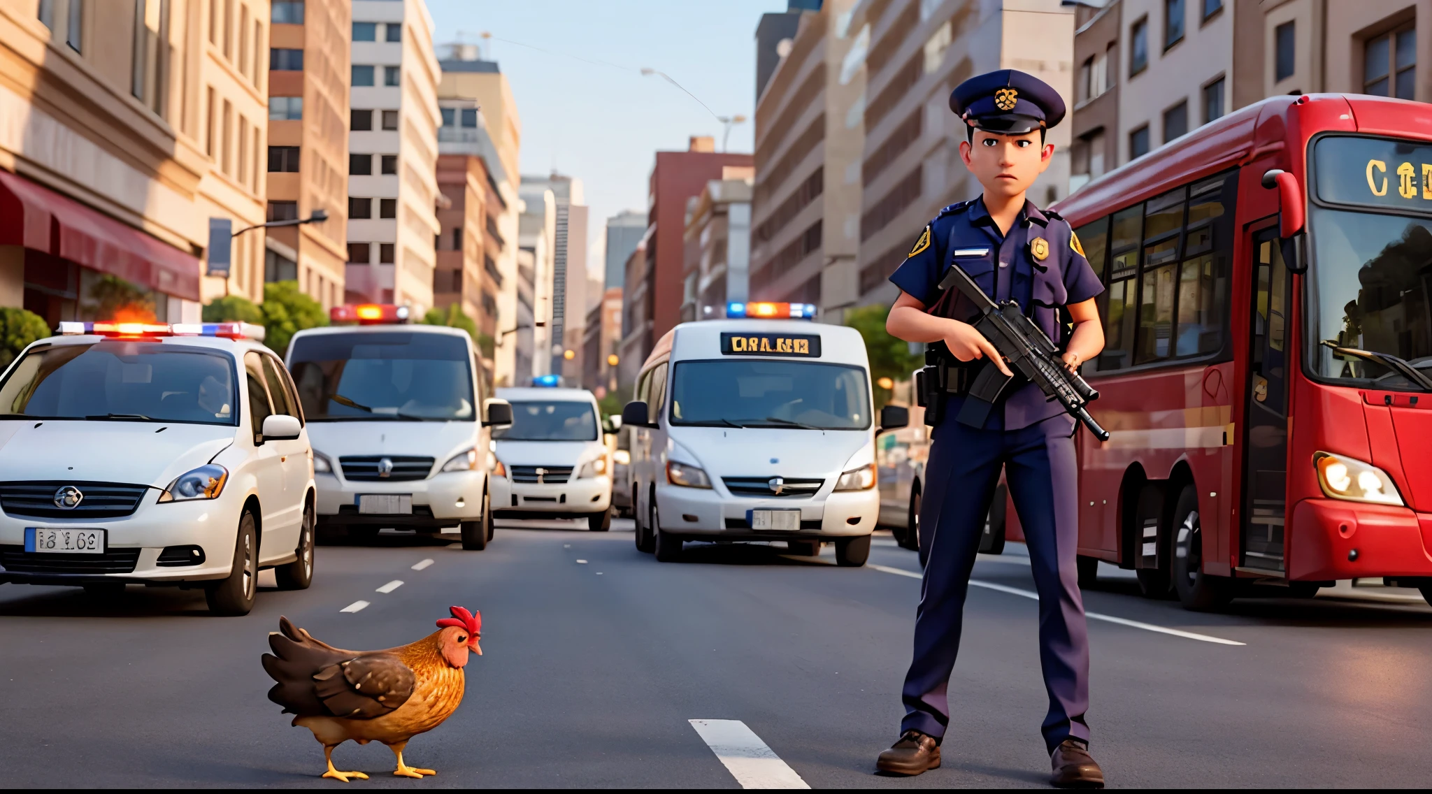 A police officer with a machine gun, he is looking at the sky in the middle of a busy city with cars and buses, citizens are walking on the streets, chickens running all over