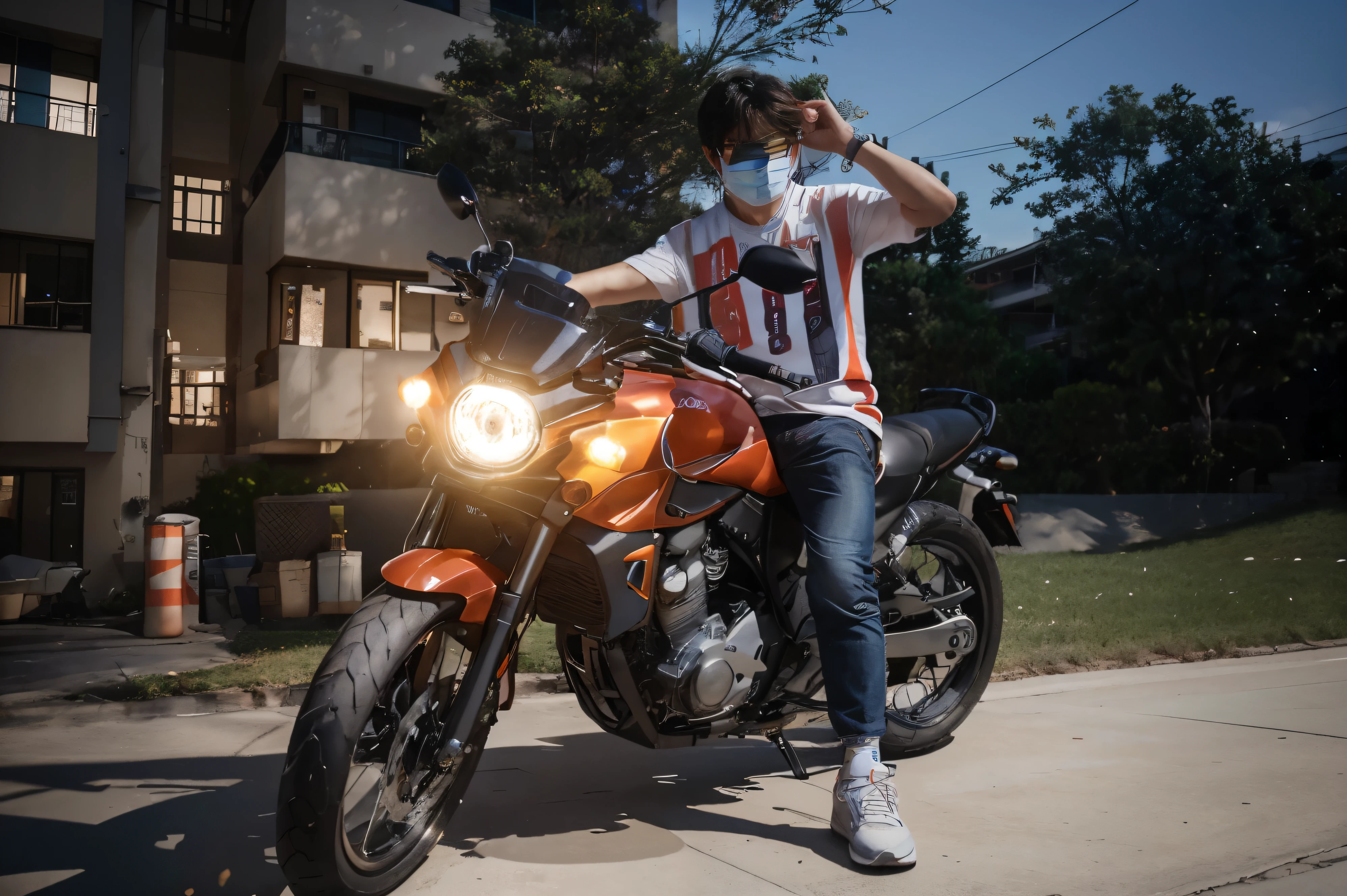 A cute Korean boy on the bike generate aesthetic realistic cinematic ultra HD 10K 3D realistic extra sharp with higher resolution clear and perfect face aesthetic masterpiece half hand t-shirt a baby boy with the face mask