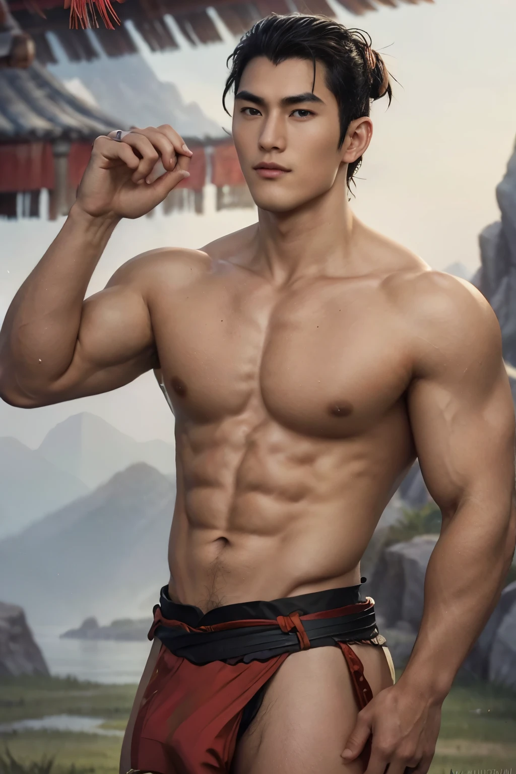 Li Shang, Mulan, top quality, (photorealistic: 1.4), handsome young man, smirking, wearing red Loincloth, abs, Chinese traditional tent, mountain background, detailed, best quality, 8k