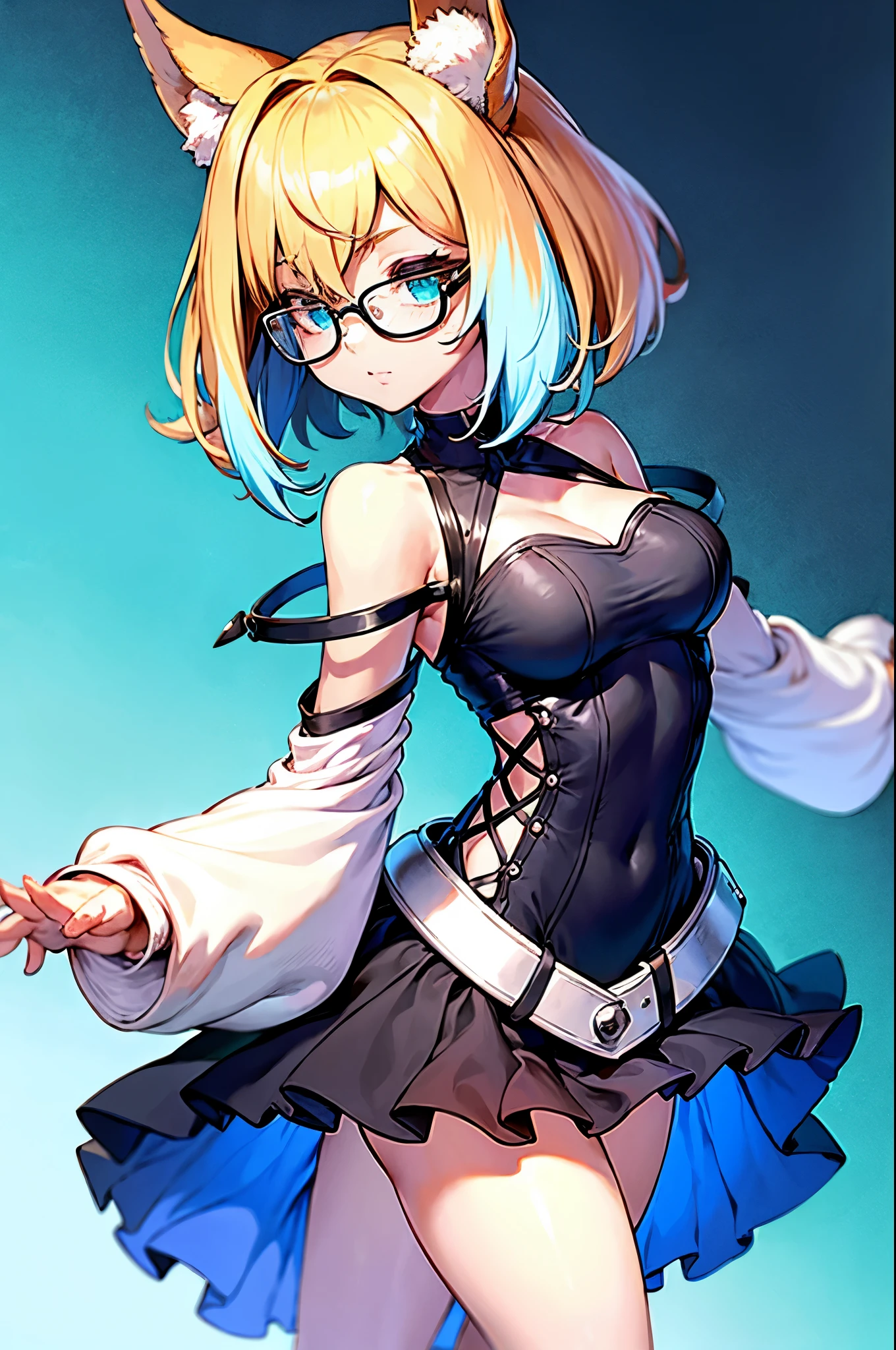 profile photo, 1 young girl, blue strand of hair in the middle of the head hair, blonde and blue hair, shiny and silky hair, short HAIR, Amazing hair, She is wearing glasses, She has fox ears, wearing glass, green and blue eyes, wearing a skirt, 16k, master piece, very high resolution, 8k, DETAILED TEXTURE, DETAILED BODY TEXTURE IN HIGH DEFINITION, vtuber style
