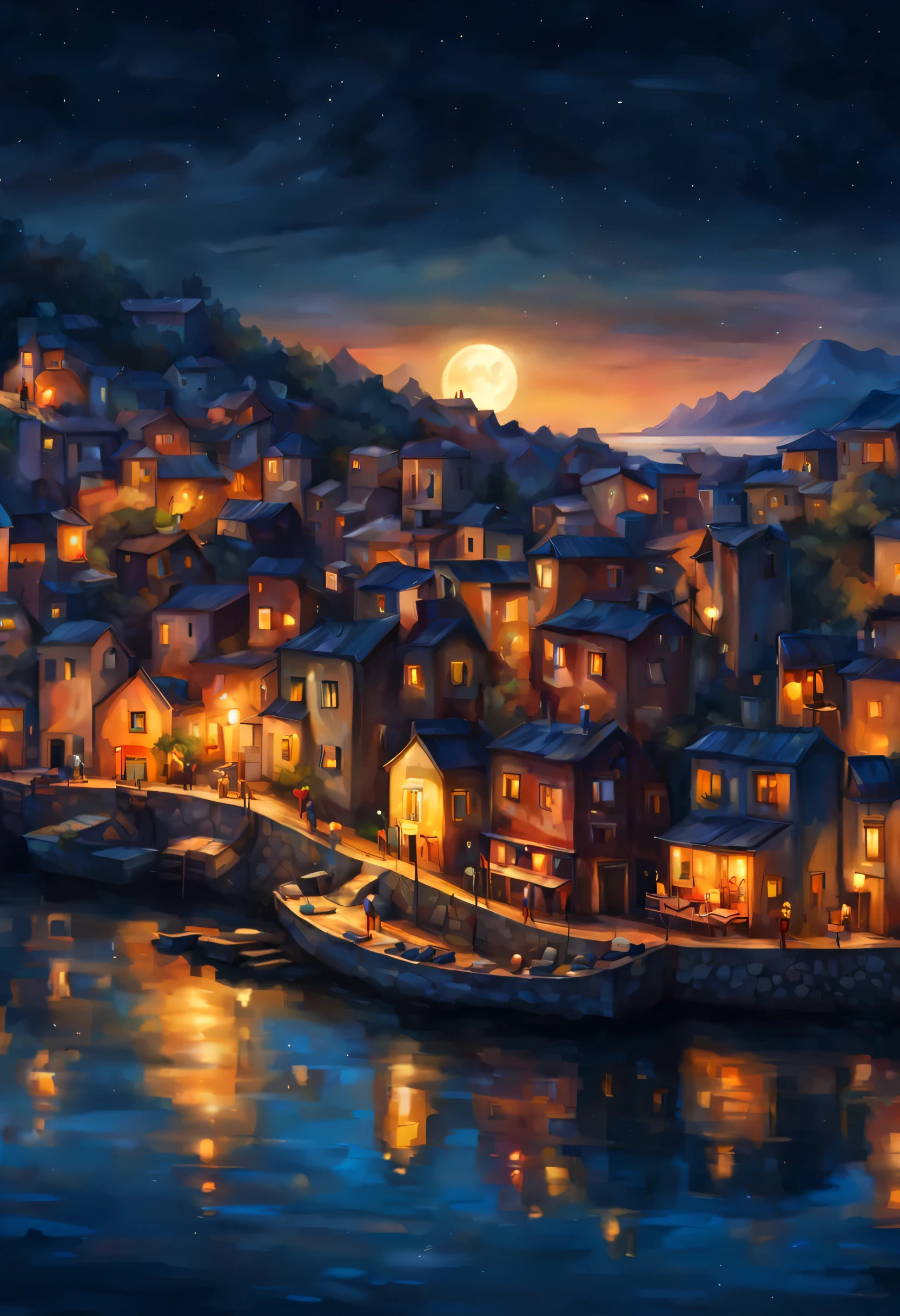 (paint style art:1.1), (masterpiece, professional photo:1.1), (8k, high resolution), (realistic), wide angle shot, little town near coast, sea oriented town, docks, (night time), (crescent moon:0.8), latern in the house, panoramic picture 