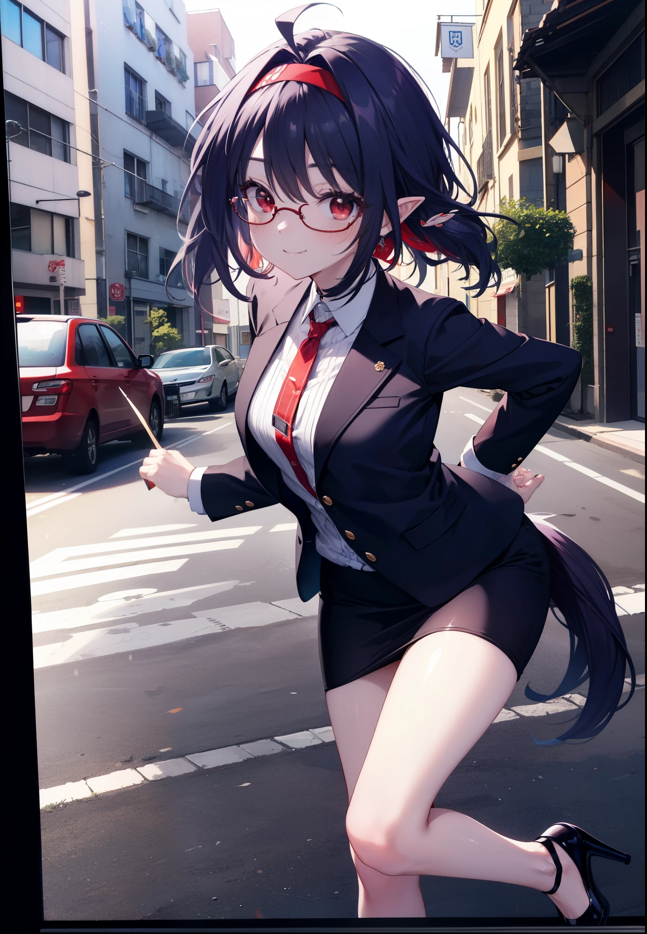 yuukikonno, Yuki Konno, hair band, long hair, pointed ears, purple hair, (red eyes:1.5), (small breasts:1.2), Ahoge,close your mouth,animal ears　dog ears,Animal tail　dog tail,OL, red glasses, Fundo, black suit jacket, collared jacket, white dress shirt, collared shirt, neckline, button, strap, ID card on neck, black pencil skirt, black pantyhose, stiletto heels,Put your arms behind your back,smile, blush, morning,morning日
break looking at viewer, 上から見下ろす
break outdoors, In town,building street,
break (masterpiece:1.2), highest quality, High resolution, unity 8k wallpaper, (figure:0.8), (beautiful and fine eyes:1.6), highly detailed face, always detailed fingers,perfect lighting, Very detailed CG, (perfect hands, perfect anatomy),