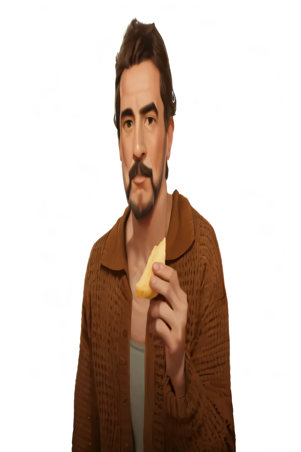 There is a man holding a piece of food in his hand, he is wearing a brown sweater, bigode mexicano, com bigode aparado, comendo queijo,scruffy facial hair, cavanhaque curto