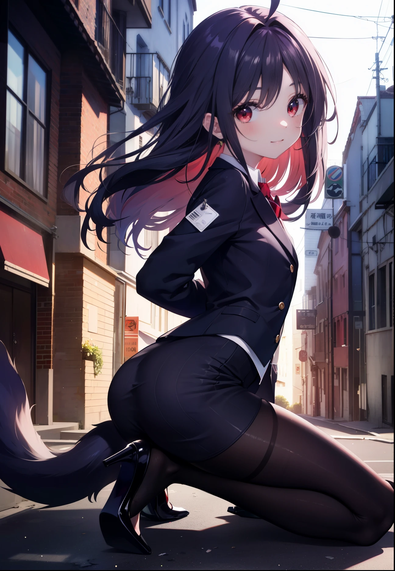 yuukikonno, Yuki Konno, hair band, long hair, pointed ears, purple hair, (red eyes:1.5), (small breasts:1.2), Ahoge,close your mouth,animal ears dog ears,Animal tail dog tail,OL, red glasses, Fundo, black suit jacket, collared jacket, white dress shirt, collared shirt, neckline, button, strap, ID card on neck, black pencil skirt, black pantyhose, stiletto heels,Put your arms behind your back,smile, blush, morning,morning日
break looking at viewer, 上から見下ろす
break outdoors, In town,building street,
break (masterpiece:1.2), highest quality, High resolution, unity 8k wallpaper, (figure:0.8), (beautiful and fine eyes:1.6), highly detailed face, always detailed fingers,perfect lighting, Very detailed CG, (perfect hands, perfect anatomy),
