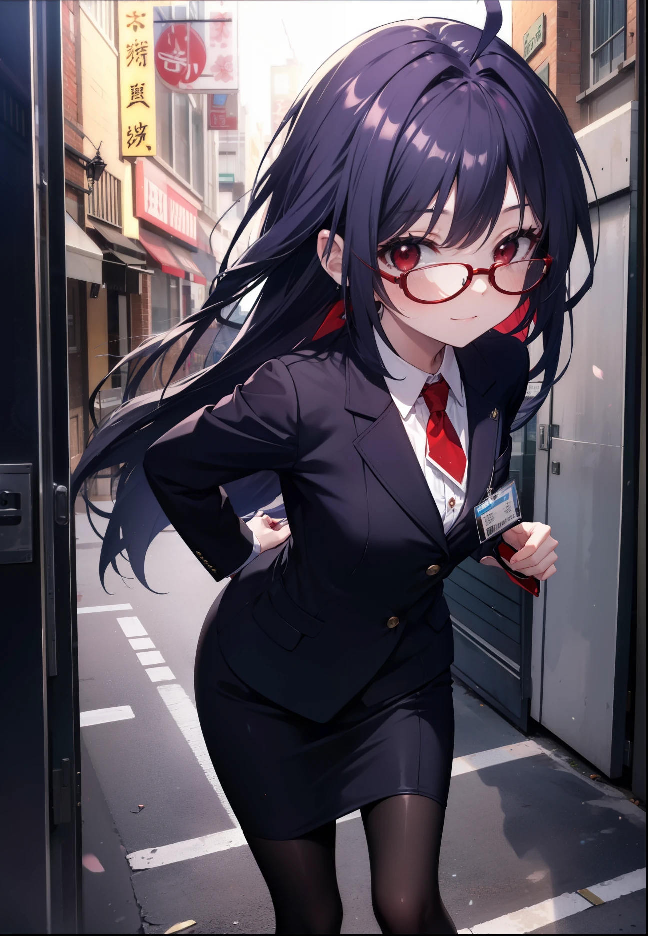 yuukikonno, Yuki Konno, hair band, long hair, pointed ears, purple hair, (red eyes:1.5), (small breasts:1.2), Ahoge,close your mouth,animal ears　dog ears,Animal tail　dog tail,OL, red glasses, Fundo, black suit jacket, collared jacket, white dress shirt, collared shirt, neckline, button, strap, ID card on neck, black pencil skirt, black pantyhose, stiletto heels,Put your arms behind your back,smile, blush, morning,morning日
break looking at viewer, 上から見下ろす
break outdoors, In town,building street,
break (masterpiece:1.2), highest quality, High resolution, unity 8k wallpaper, (figure:0.8), (beautiful and fine eyes:1.6), highly detailed face, always detailed fingers,perfect lighting, Very detailed CG, (perfect hands, perfect anatomy),