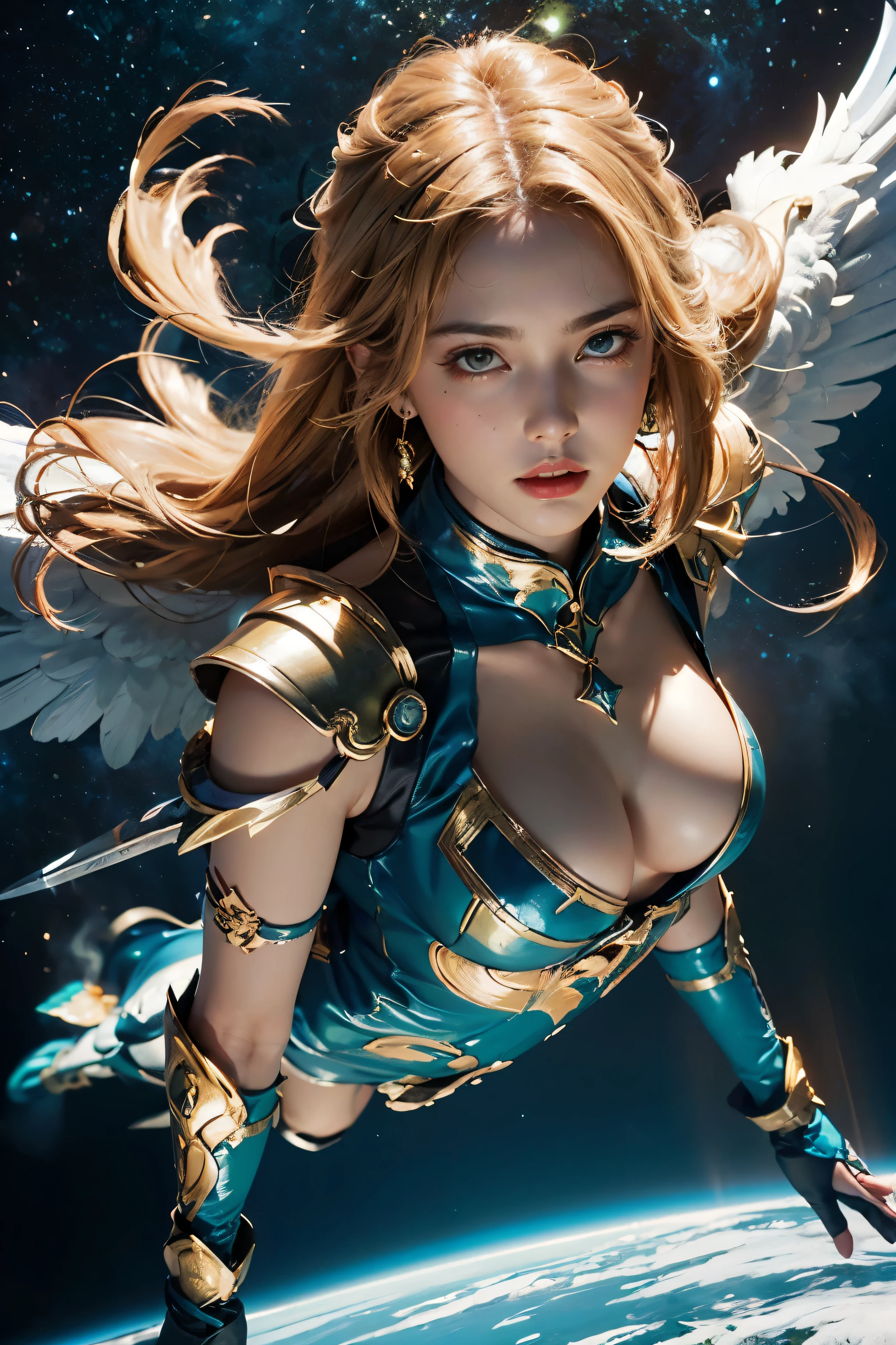 ((best quality),) ((ultra realistic)), ((detailed face)), ((masterpiece)), (perfect angel dagger), ((high-angle)), angel of doom flying over the blue-green earth, very big majestic wings, angel holding glowing a golden warrior dagger, blonde hair, harsh descent towards the planet from outer space, glow with power, gleaming golden armor glinting in the starlight, planet swirling with blues and greens under a hazy atmosphere, powerful, perspective , epic dark fantasy artwork, dynamic motion, 32k UHD, hyper-realistic, glowing, precisionist lines, cinematic, ultra details, LnF, GlowingRunes_yellow,