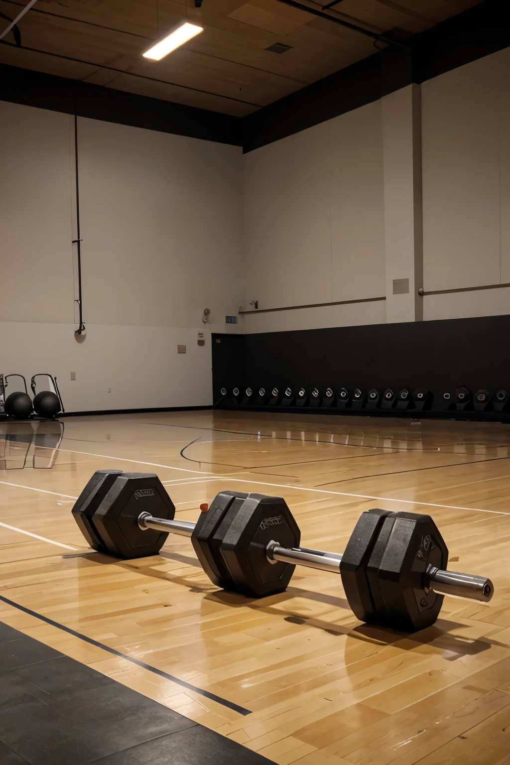 photo of the gym floor showing a pair of dumbbells without any people
