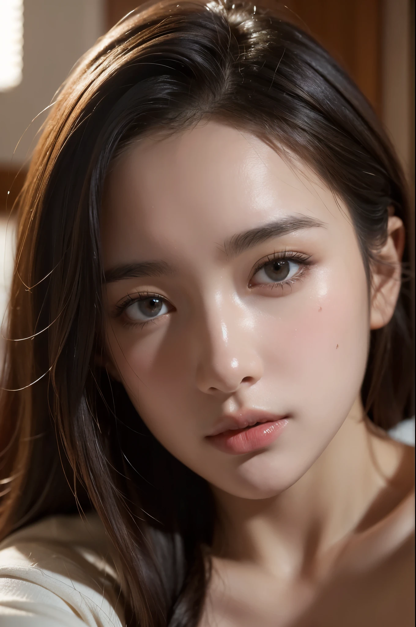 8K,Best quality, masterpiece, ultra high res, (photorealistic:1.4), raw photo, (Authentic skin texture:1.3), (film grain:1.3), (selfie angle),1girl,beautiful detailed eyes and face,masterpiece, best quality,close-up,upper bod,