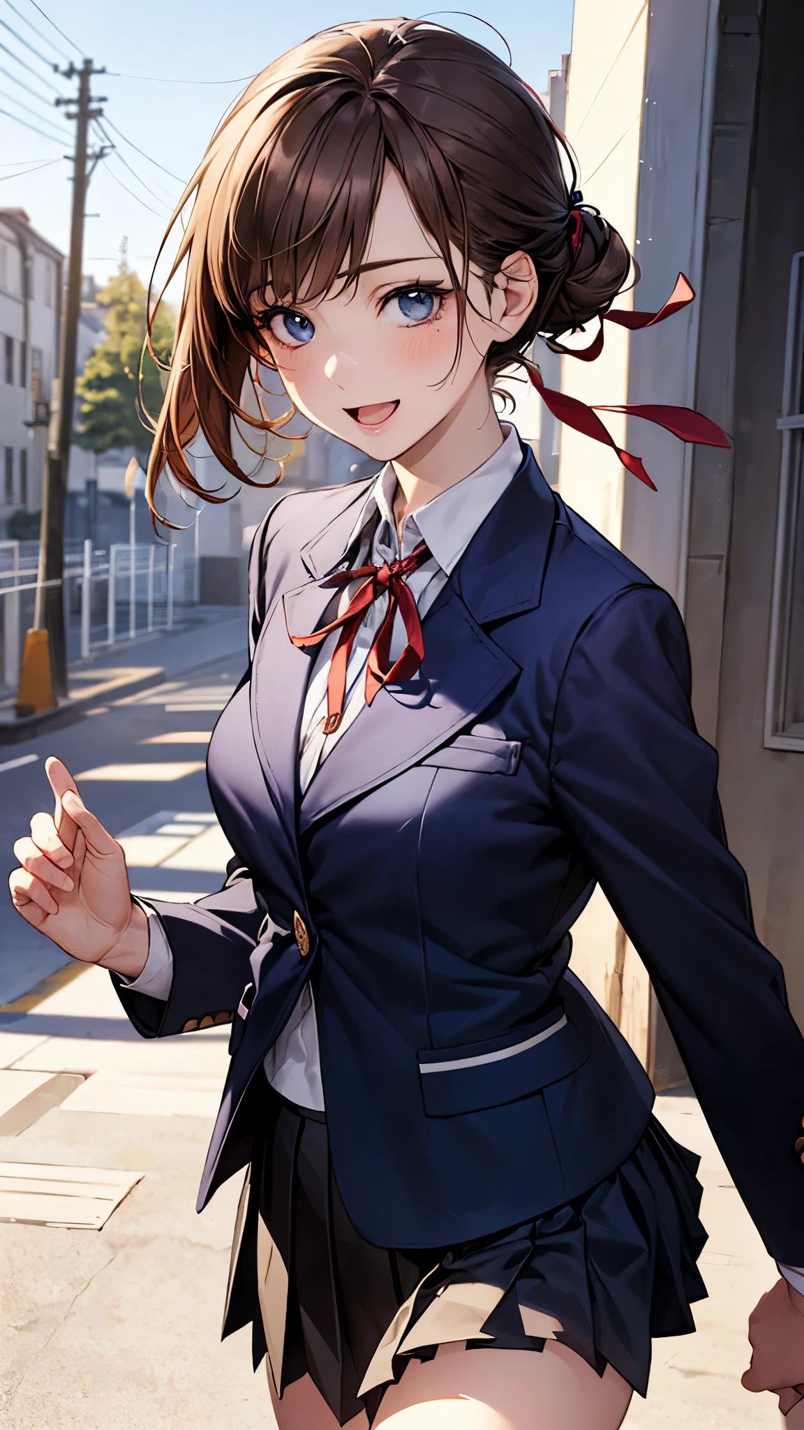 (masterpiece:1.2, top-quality), (realistic, photorealistic:1.4), beautiful illustration, (natural side lighting, movie lighting), nsfw,
looking at viewer, face focus, upper body, 1 girl, japanese, high school girl, perfect face, cute and symmetrical face, shiny skin,
(short hair:1.2, half updo:1.2, light brown hair), asymmetrical bangs, blue eyes, drooping eyes, long eye lasher, (medium breasts), slender,
beautiful hair, beautiful face, beautiful detailed eyes, beautiful clavicle, beautiful body, beautiful chest, beautiful thigh, beautiful legs, beautiful fingers,
((detailed cloth texture, long sleeves navy blue school doubles blazer, white collared shirts, navy blue pleated mini skirt, red neck ribbon)),
(beautiful scenery), winter, evening, (outdoors), walking, (lovely smile, open mouth),