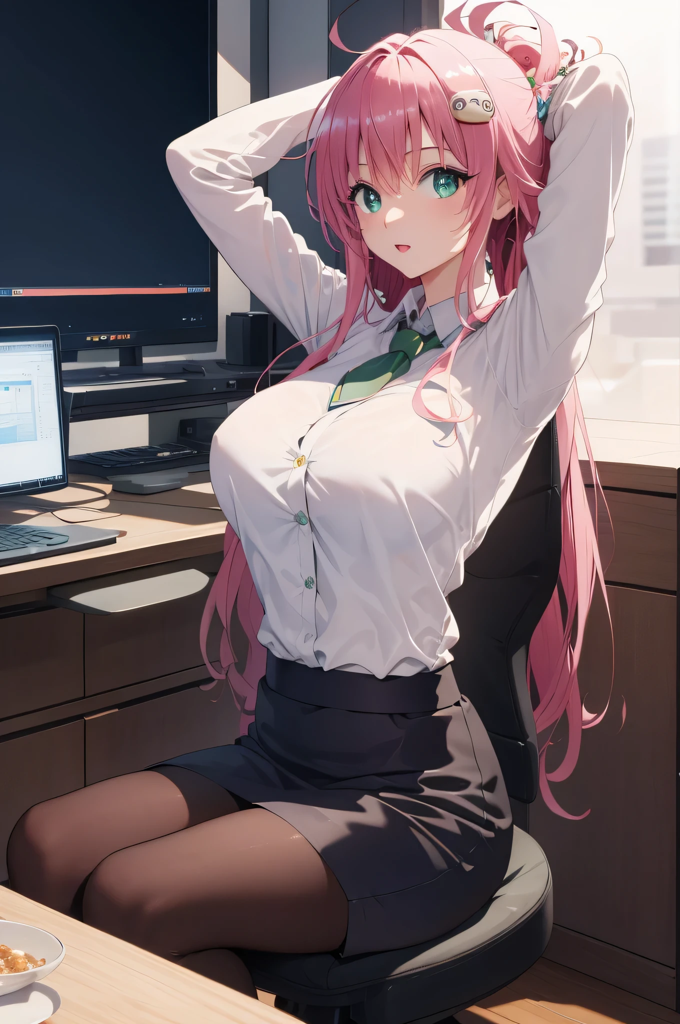 highres, aalala, long hair, ahoge, hair ornament, green eyes, breasts, 
BREAK (masterpiece:1.2), best quality, high resolution, unity 8k wallpaper, (illustration:0.8), (beautiful detailed eyes:1.6), extremely detailed face, perfect lighting, extremely detailed CG, (perfect hands, perfect anatomy),perfect face,