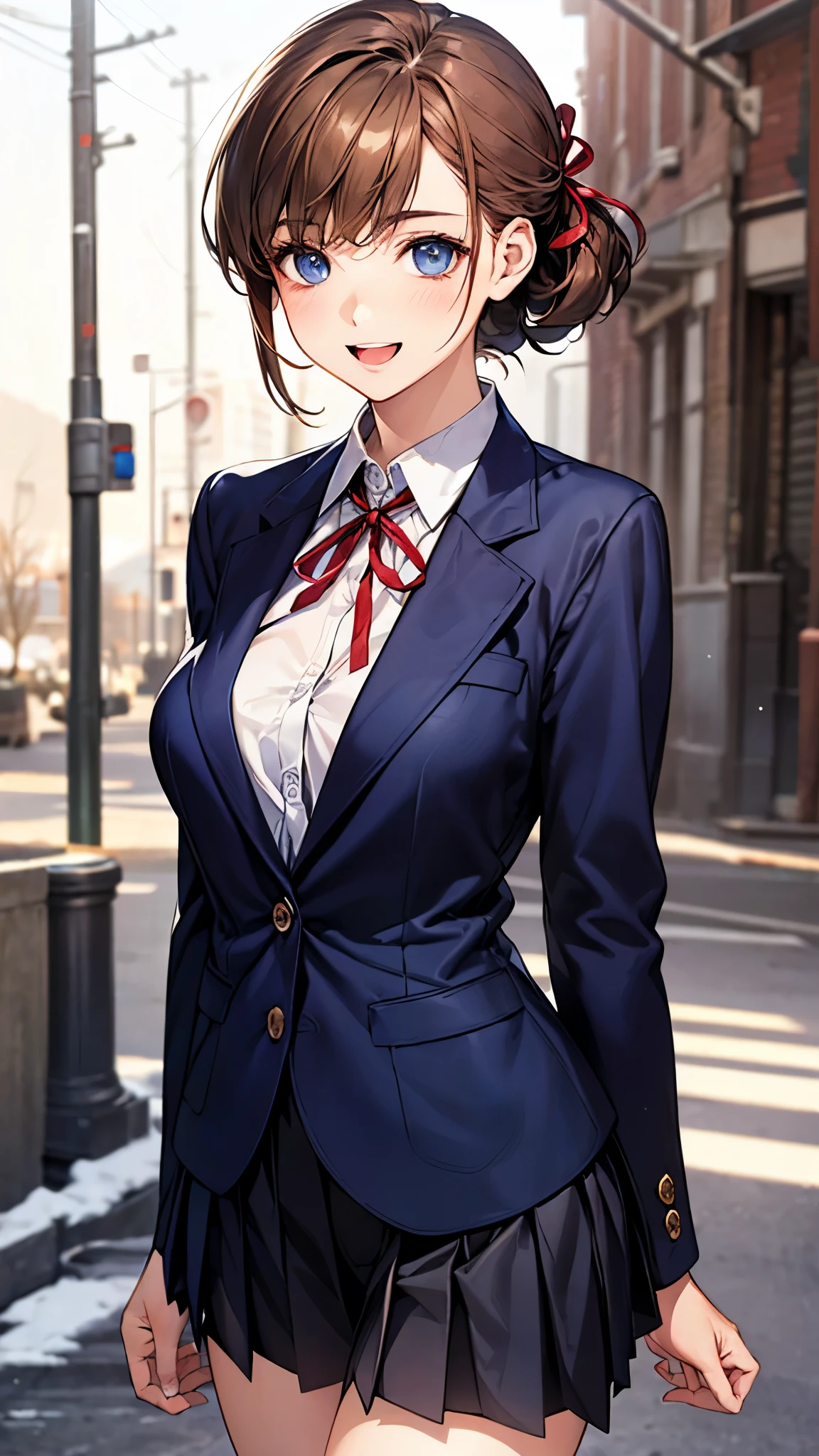 (masterpiece:1.2, top-quality), (realistic, photorealistic:1.4), beautiful illustration, (natural side lighting, movie lighting), nsfw,
looking at viewer, face focus, upper body, 1 girl, japanese, high school girl, perfect face, cute and symmetrical face, shiny skin,
(short hair:1.2, half updo:1.2, light brown hair), asymmetrical bangs, blue eyes, drooping eyes, long eye lasher, (medium breasts), slender,
beautiful hair, beautiful face, beautiful detailed eyes, beautiful clavicle, beautiful body, beautiful chest, beautiful thigh, beautiful legs, beautiful fingers,
((detailed cloth texture, long sleeves navy blue school doubles blazer, white collared shirts, navy blue pleated mini skirt, red neck ribbon)),
(beautiful scenery), winter, evening, (outdoors), walking, (lovely smile, open mouth),