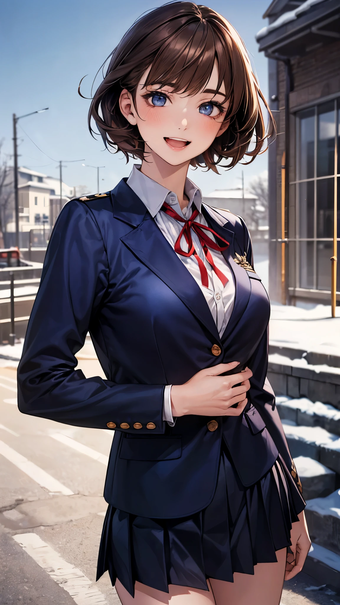 (masterpiece:1.2, top-quality), (realistic, photorealistic:1.4), beautiful illustration, (natural side lighting, movie lighting), nsfw, 
looking at viewer, face focus, upper body, 1 girl, japanese, high school girl, perfect face, cute and symmetrical face, shiny skin, 
(short hair:1.2, half updo:1.2, light brown hair), asymmetrical bangs, blue eyes, drooping eyes, long eye lasher, (medium breasts), slender, 
beautiful hair, beautiful face, beautiful detailed eyes, beautiful clavicle, beautiful body, beautiful chest, beautiful thigh, beautiful legs, beautiful fingers, 
((detailed cloth texture, long sleeves navy blue school doubles blazer, white collared shirts, navy blue pleated mini skirt, red neck ribbon)), 
(beautiful scenery), winter, evening, (outdoors), walking, (lovely smile, open mouth), 