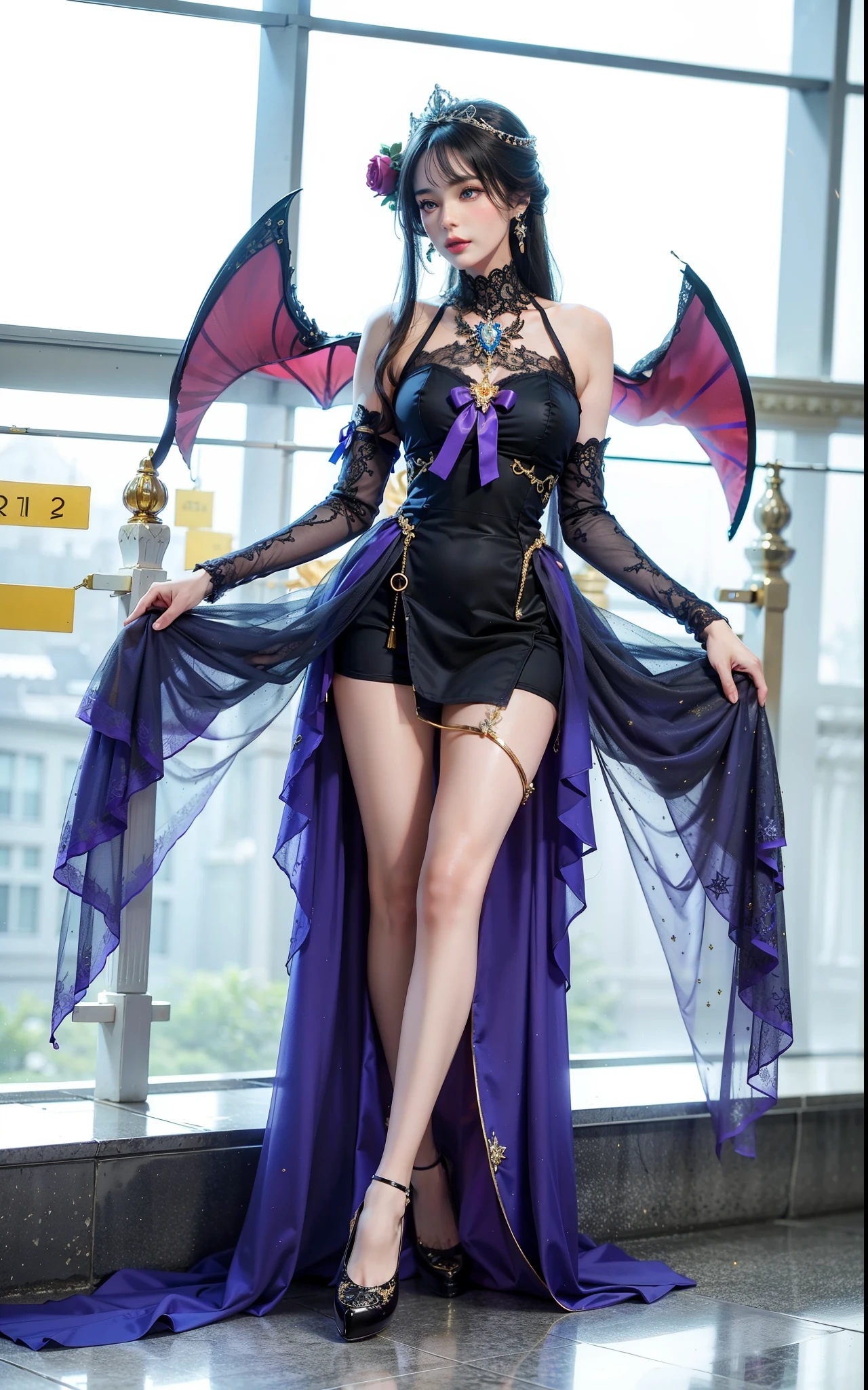 （Dark night，Bedrooms：1. a mature female，Purple-black hair,A pair of dragon horns，A pair of huge dragon wings，standing on your feet，One word step，Flirtatious）， tmasterpiece， best qualtiy， RAW photogr， realisticlying， Incredibly Ridiculous res，， ear studs， (Long flowing purple hair)，eye shadows，Bracelet，head chain，(A wide variety of intricate jewelry)，eardrop，foot ring，Black Lolita dress long dress，（Black suspender stockings++），high-heels，Jade foot，depth of fields， A high resolution， ultra - detailed， filigree， RAWE is very detailed， very detailed eyes and faces， Sharp pupils， realistic pupil， tack sharp focus， cinmatic lighting，full bodyesbian，Bigboobs，long leges，From the front side，banquet，dynamicposes，Normal posture，closeup of face